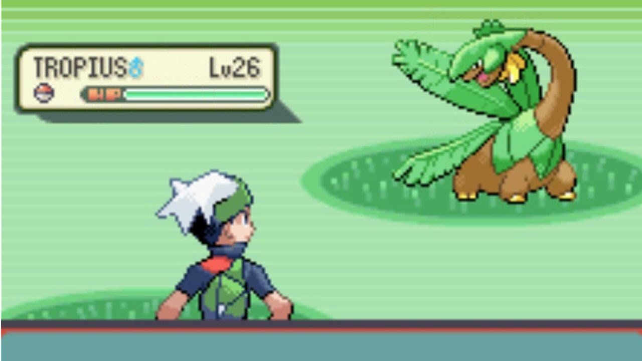 A trainer encounters a wild Tropius in Pokemon Emerald.