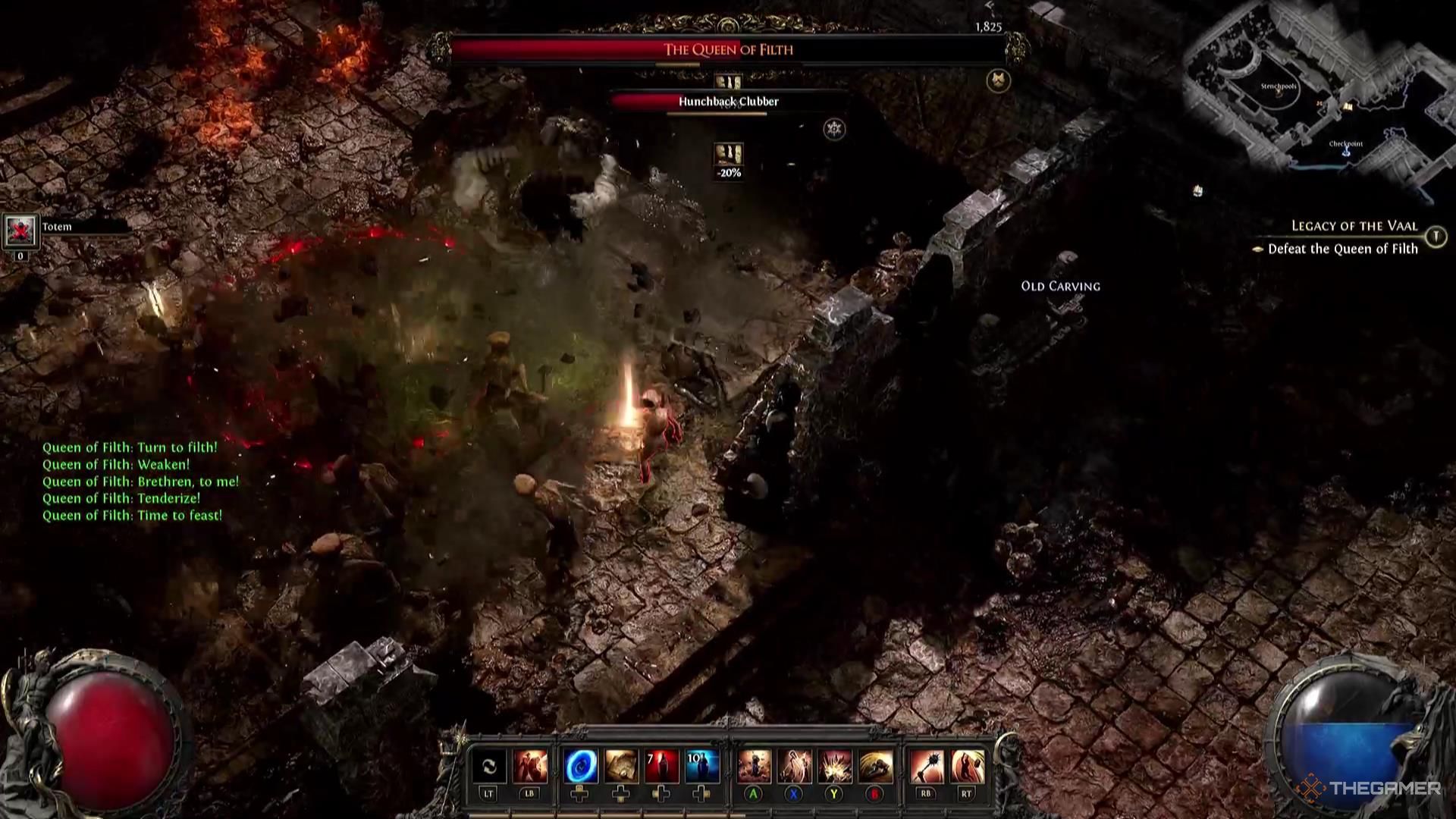 A character fights a group of minions beside the Queen of Filth in Path of Exile 2.