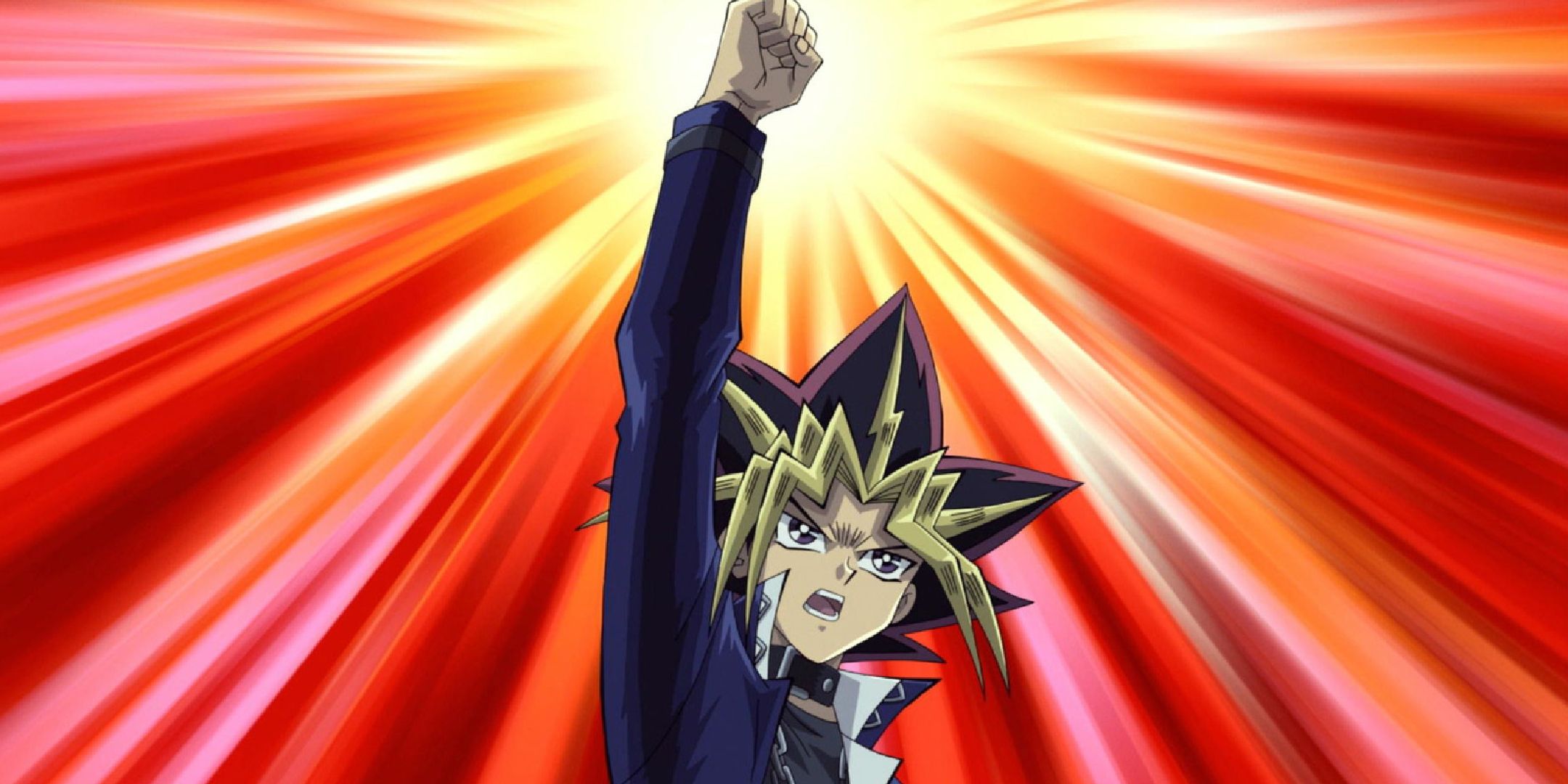 A character from Yu-Gi-Oh raising their fist into the air.