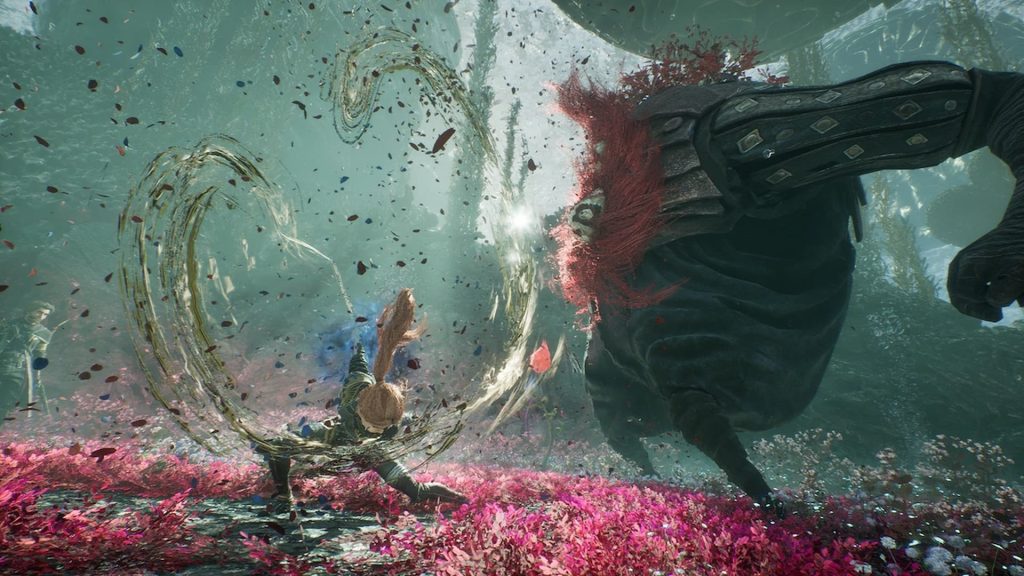 A member of Clair Expedition 33 battling an enemy underwater.