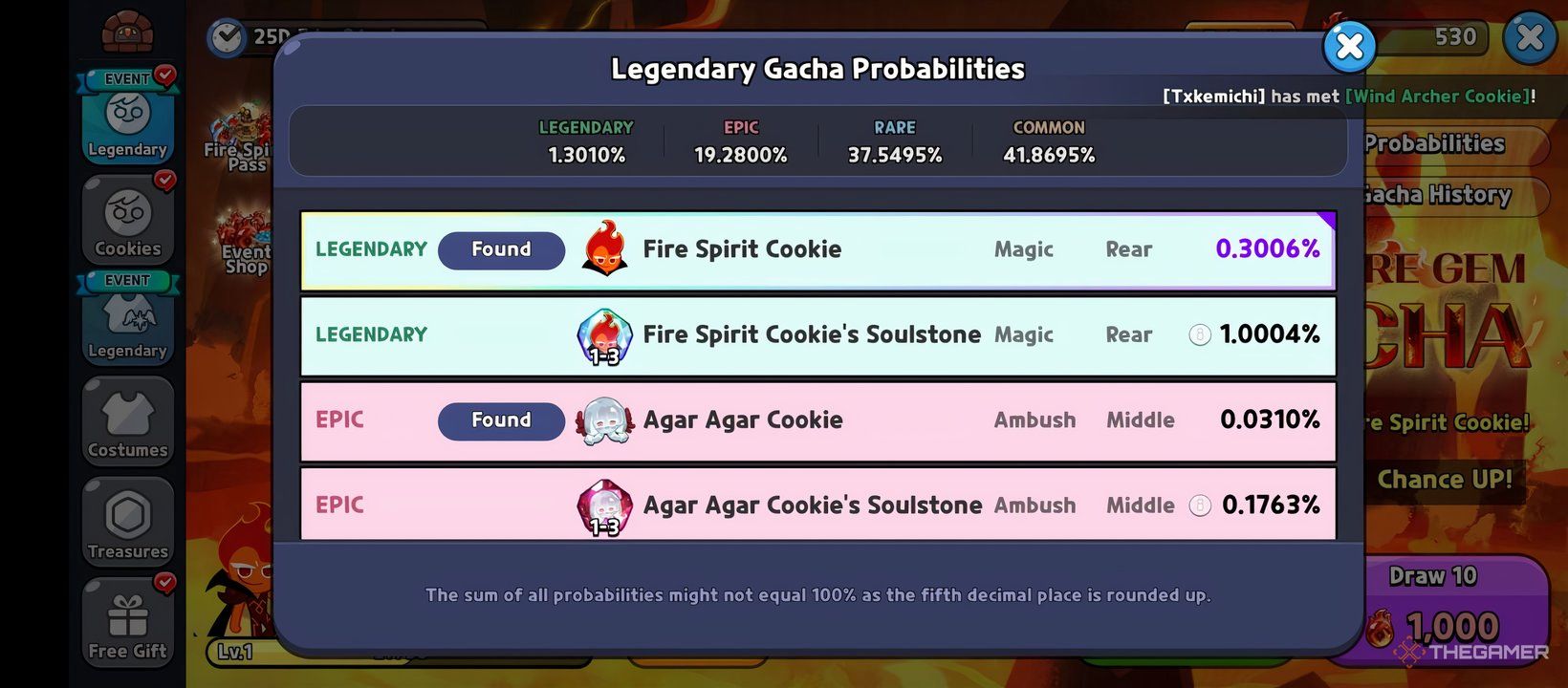 A Cookie Run Kingdom screenshot showing the probability of getting Fire Spirit Cookie from the Fire Gem Gacha.