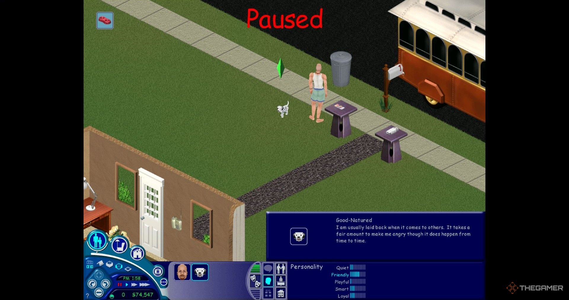 A dog with a high Friendly stat in The Sims 1.