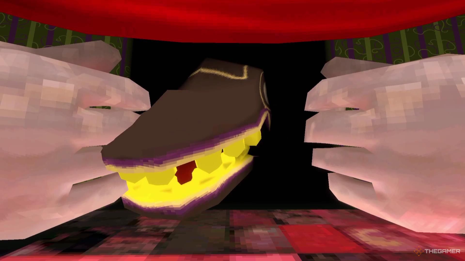 A giant creature with yellow teeth sticks its head out of a black doorway in Ena Dream BBQ.