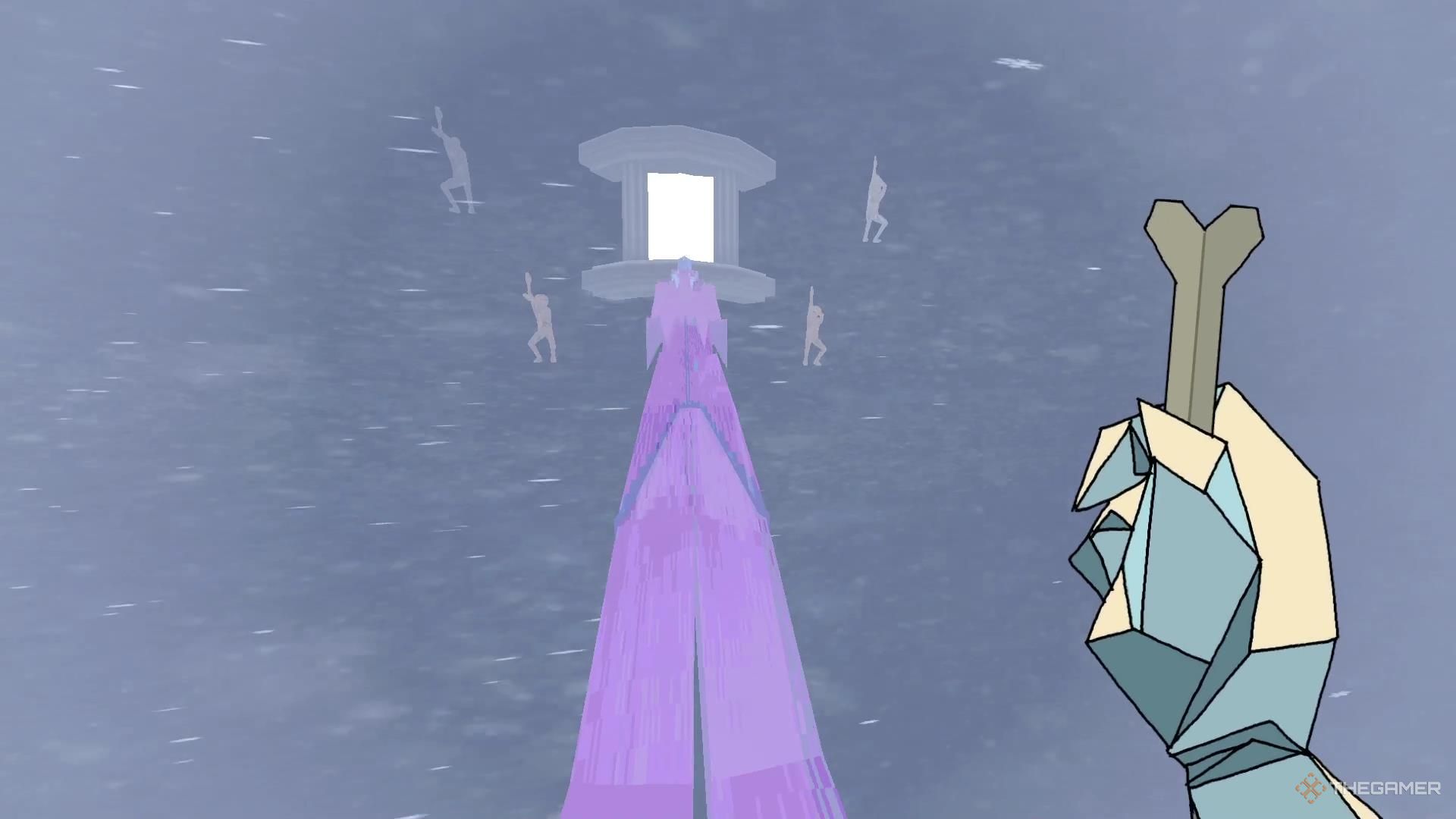A giant stretching man-bridge extends toward a door full of light in Ena Dream BBQ.
