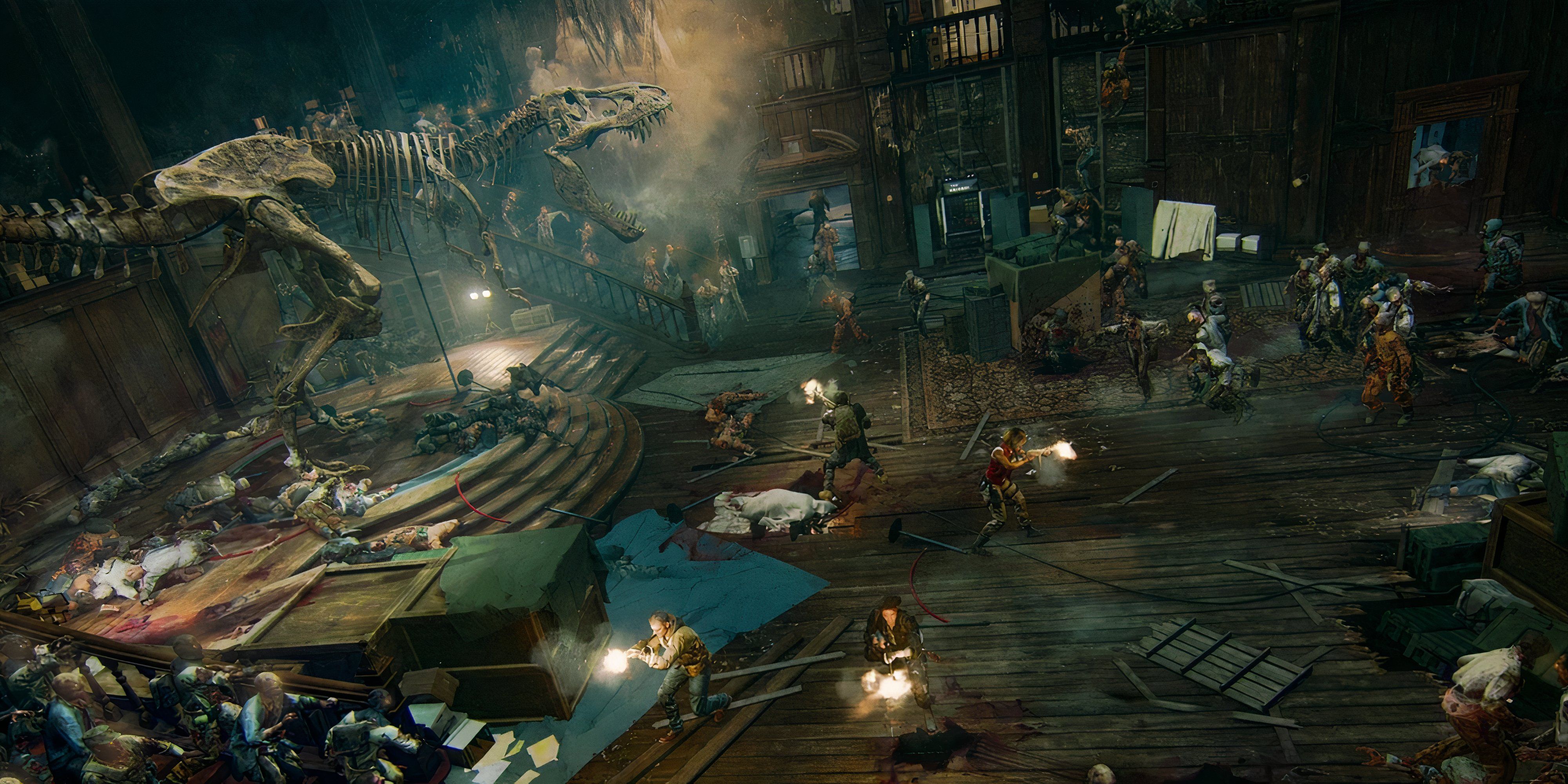 A picture of the zombies crew fighting zombies inside the mansion of the Shattered Veil map - bo6