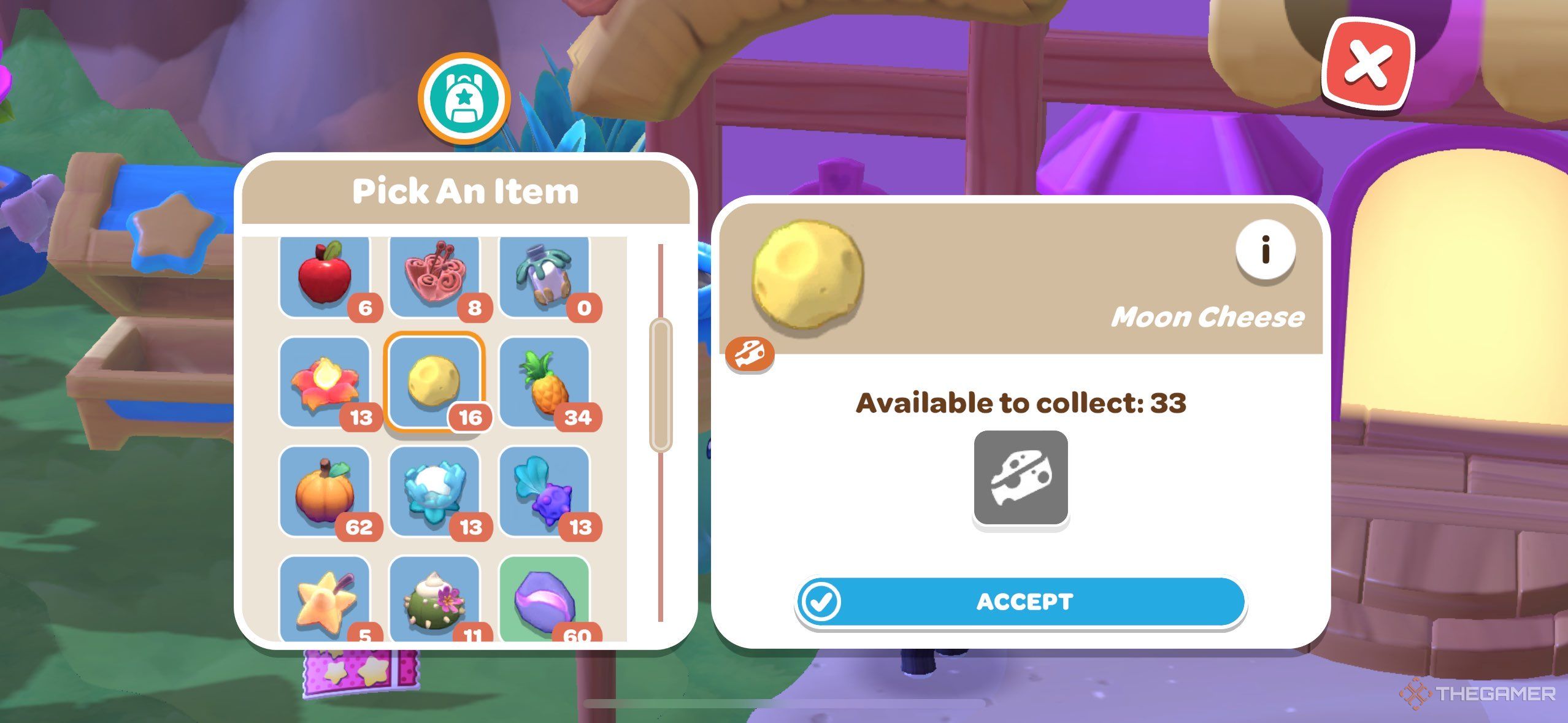 A player asking a nul to collect moon cheese in Hello Kitty Island Adventure.
