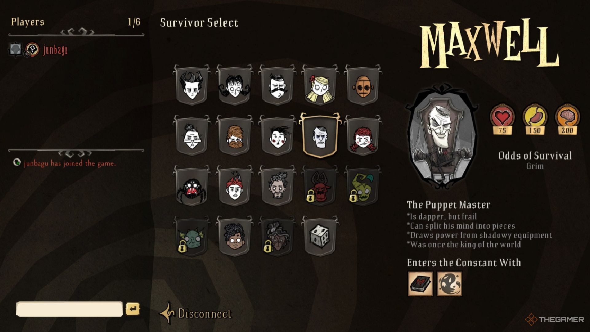 A player choosing Maxwell in Don't Starve Together.