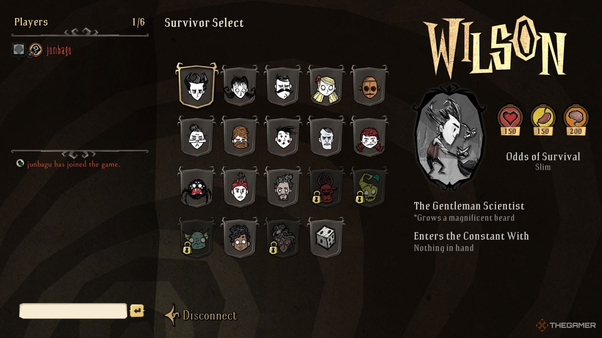 A player choosing Wilson in Don't Starve Together.
