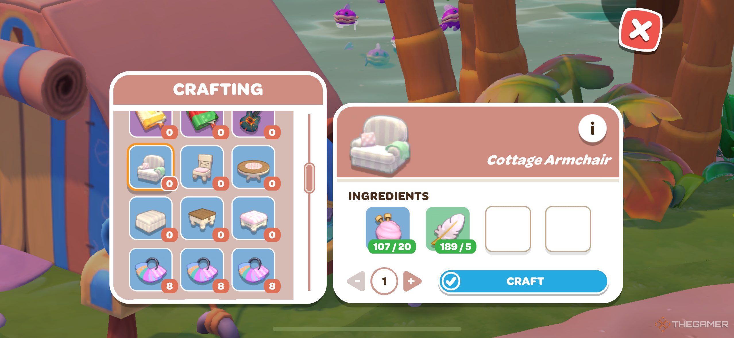 A player crafting a cottage armchair in Hello Kitty Island Adventure.