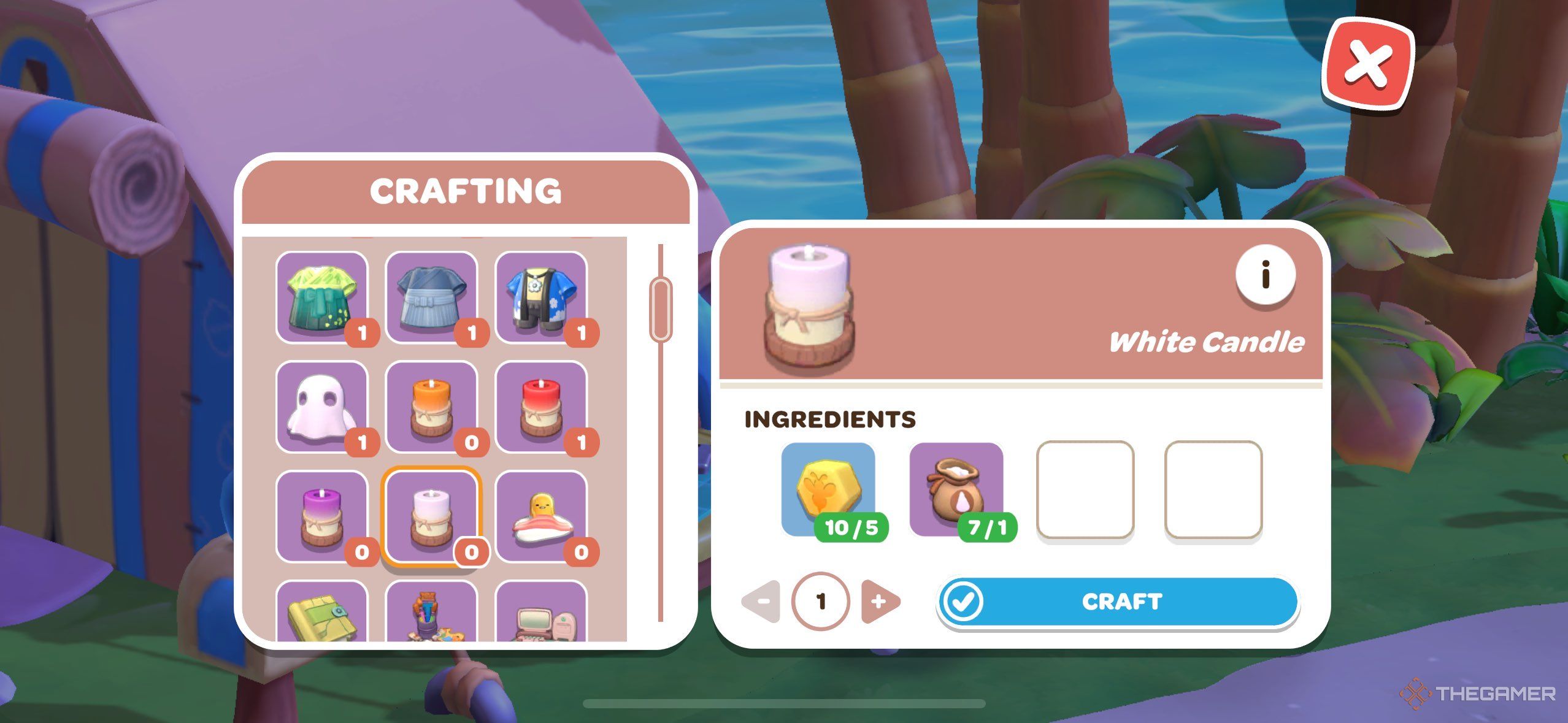 A player crafting a white candle in Hello Kitty Island Adventure.