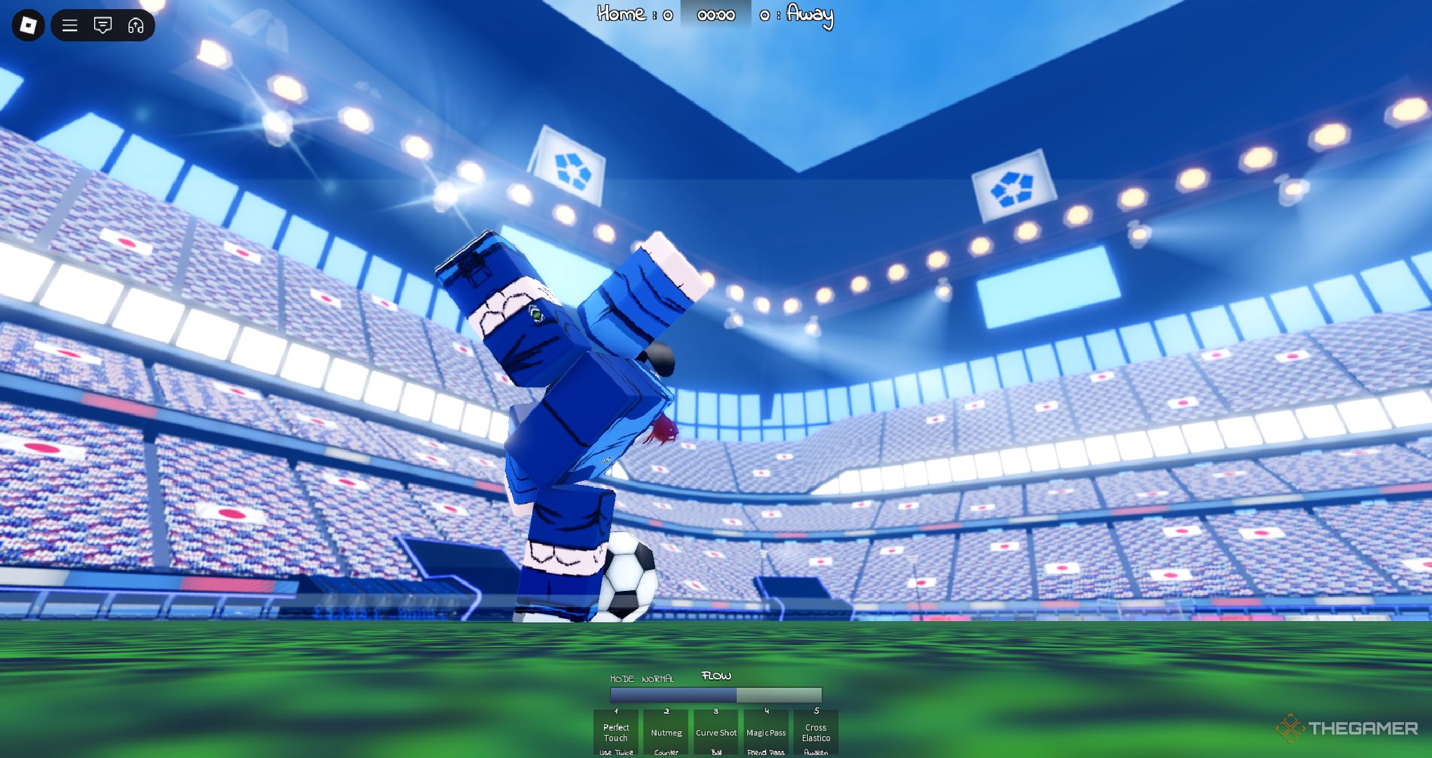A player doing a curve shot in Azure Latch on Roblox.