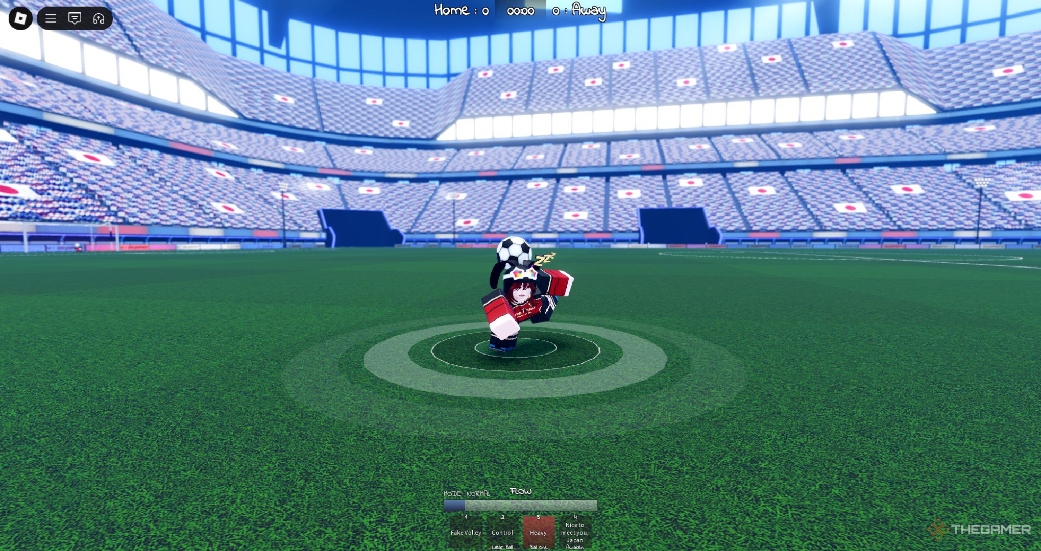 A player kicking a ball on the field in Azure Latch on Roblox.