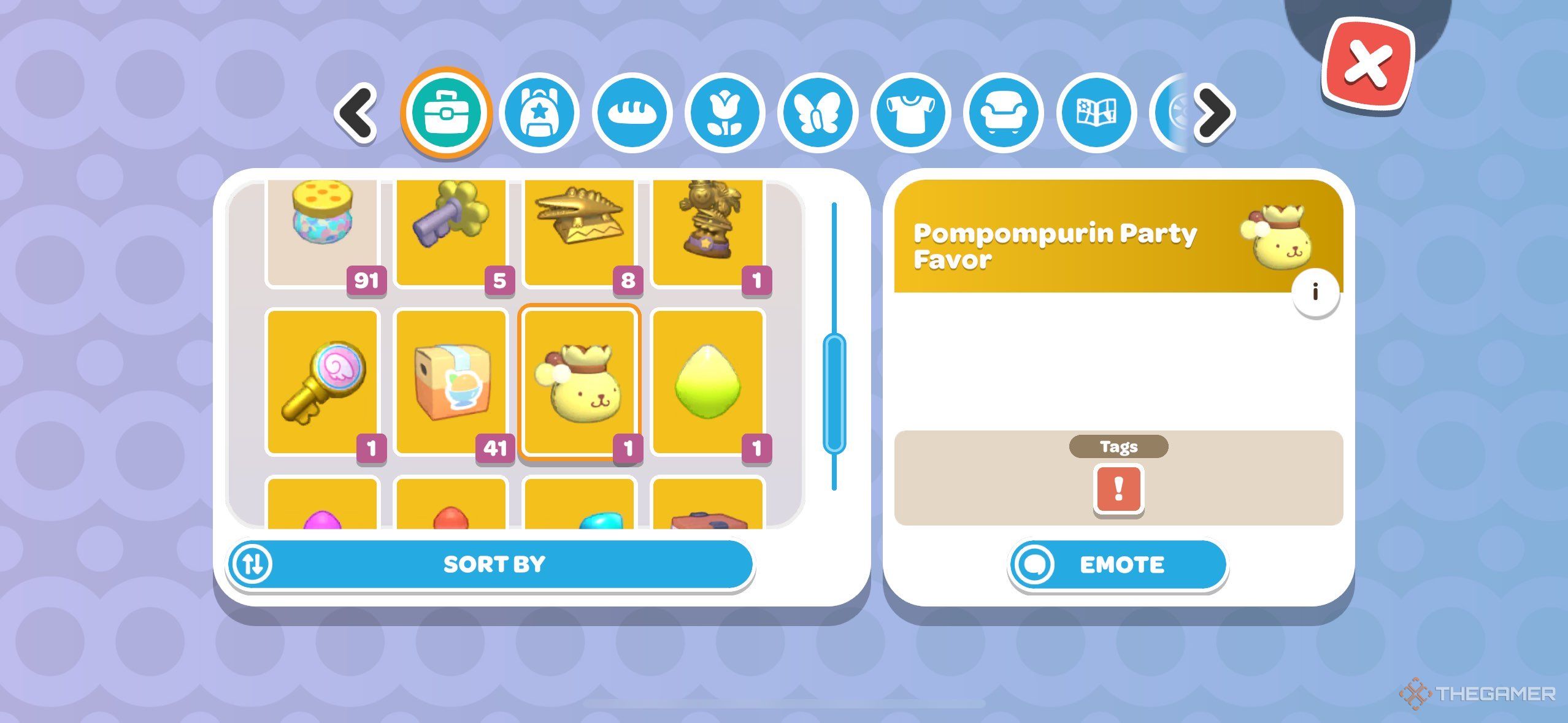 A player looking at a pompompurin party favor in Hello Kitty Island Adventure.