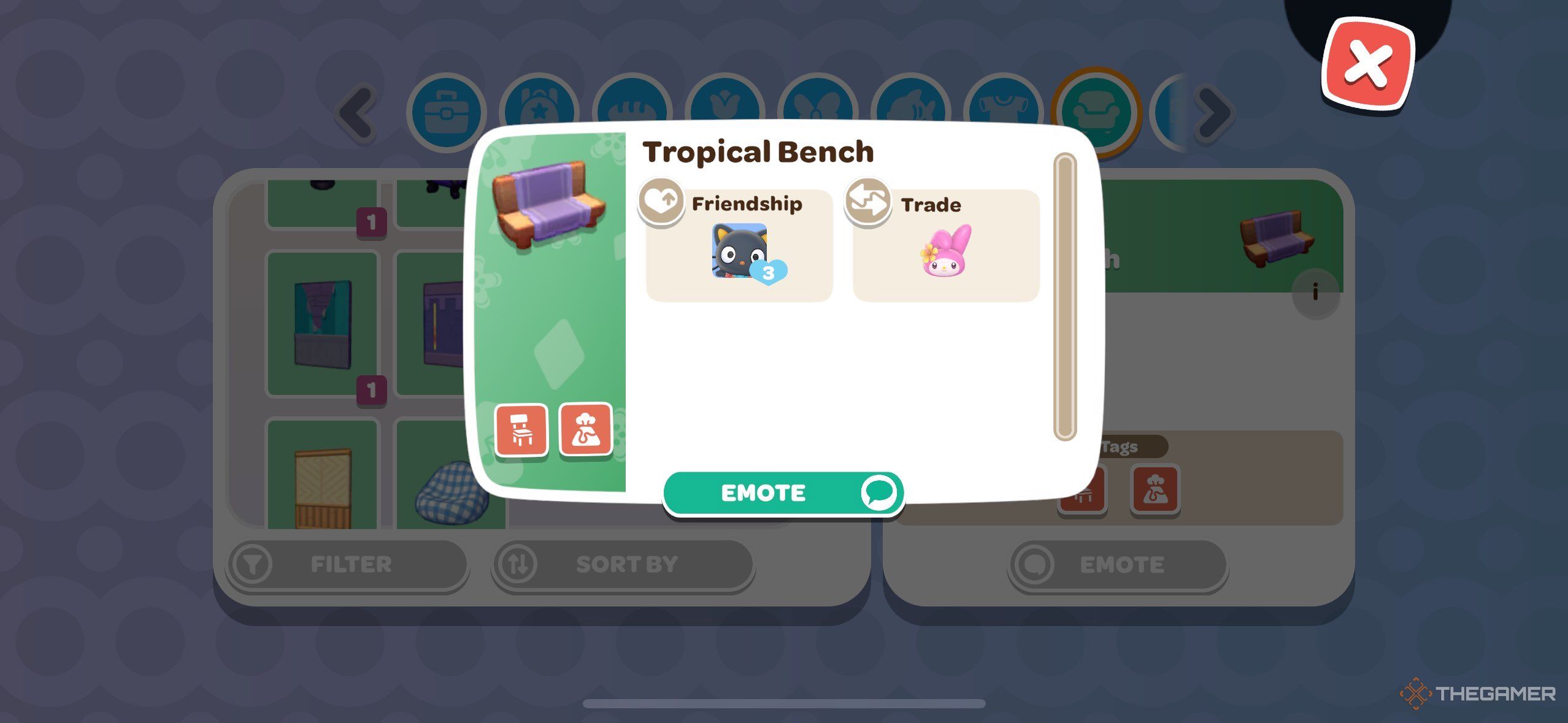 A player looking at a Tropical bench in Hello Kitty Island Adventure.