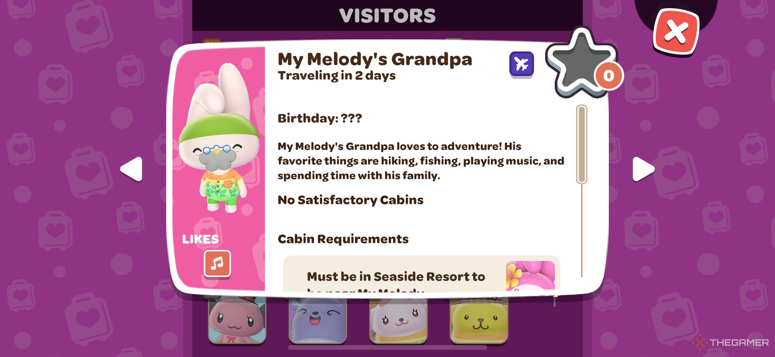 A player looking at My Melody's Grandpa info page in Hello Kitty Island Adventure.