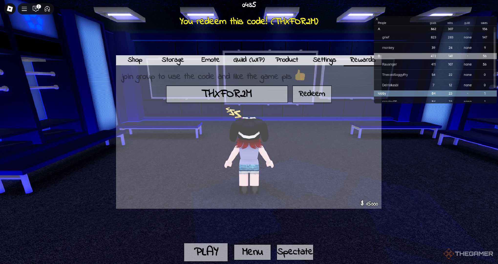 A player looking at the codes page in Azure Latch on Roblox.