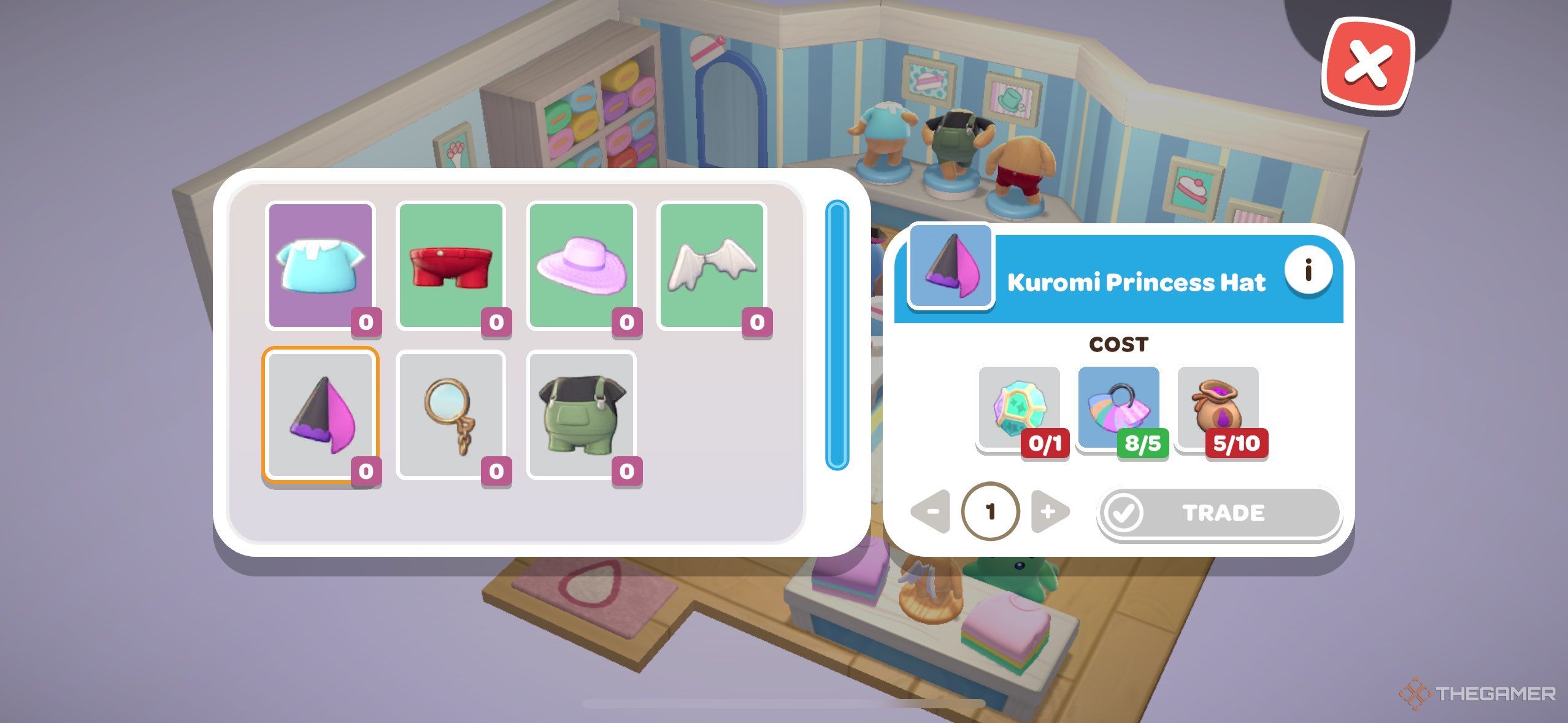 A player looking at the Kuromi Princess Hat in Hello Kitty Island Adventure.