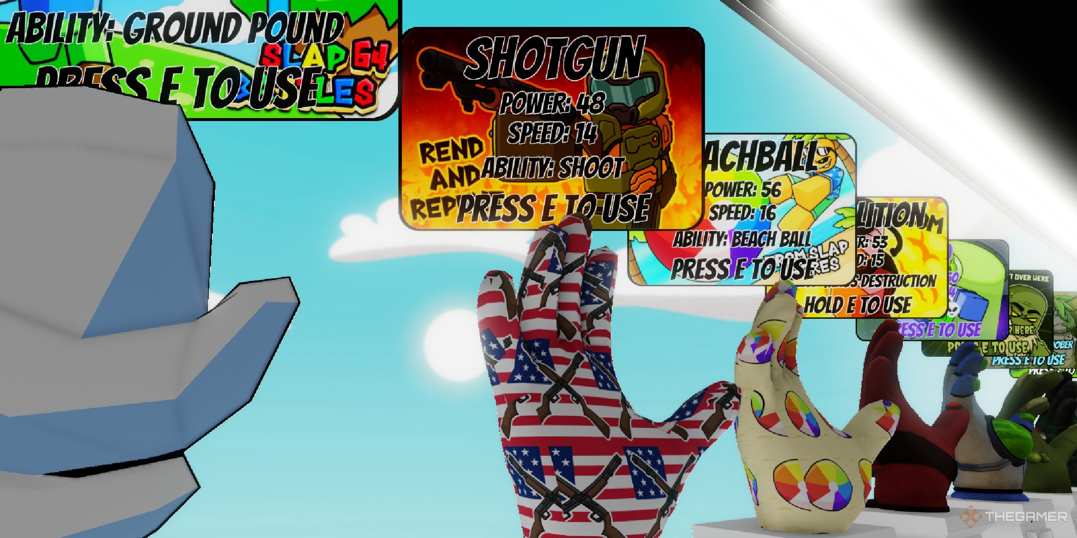 A player looking at the shotgun glove in Roblox Slap Battles.