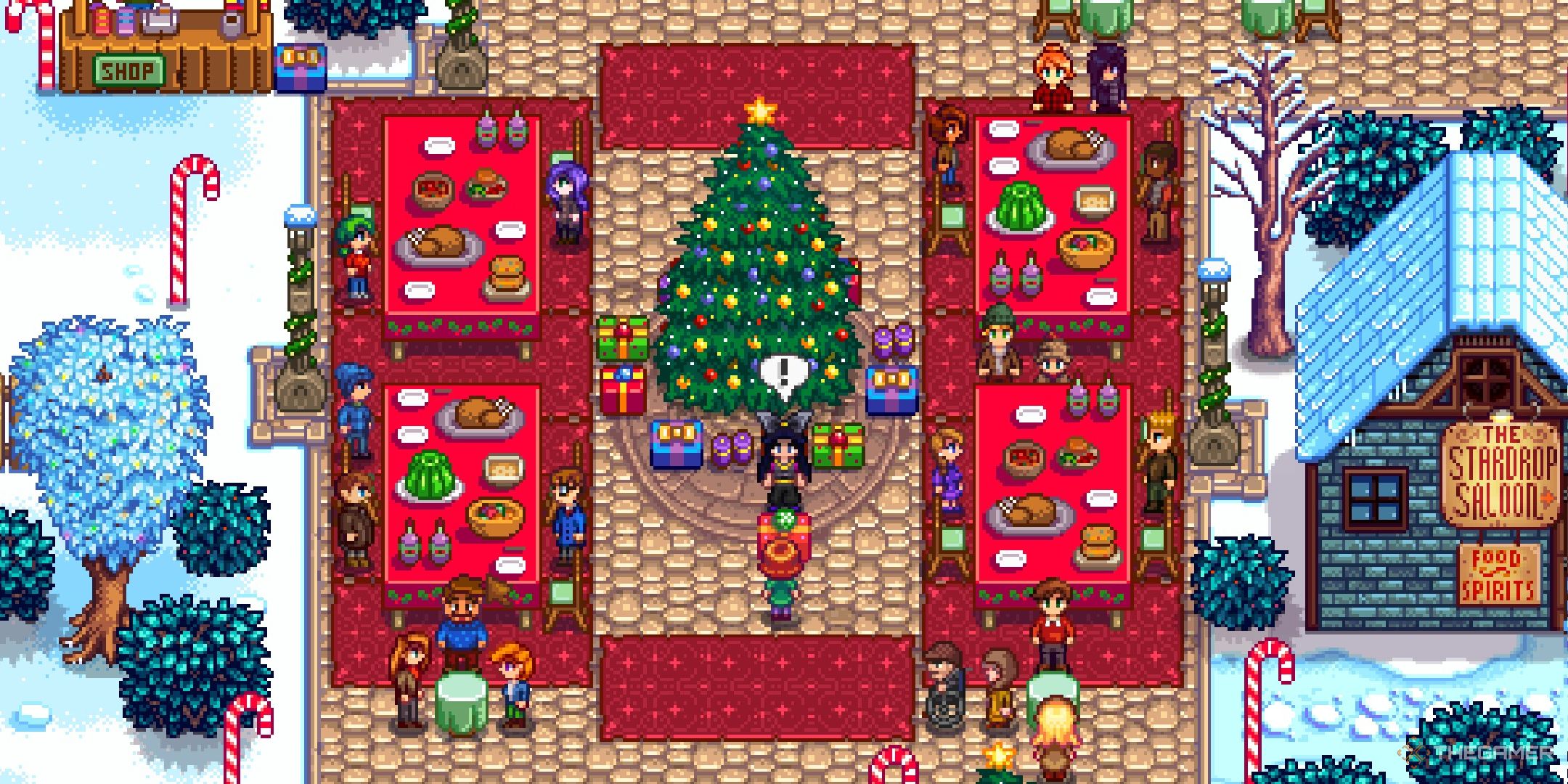 A player recieving a Winter Star gift in Stardew Valley.
