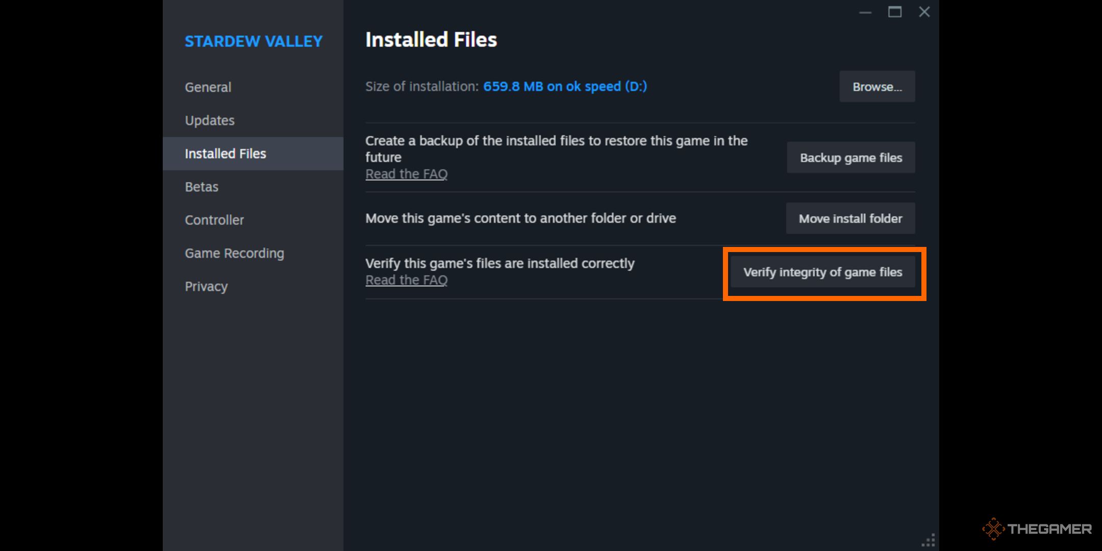 A player verifying the integrity of Stardew Valley.