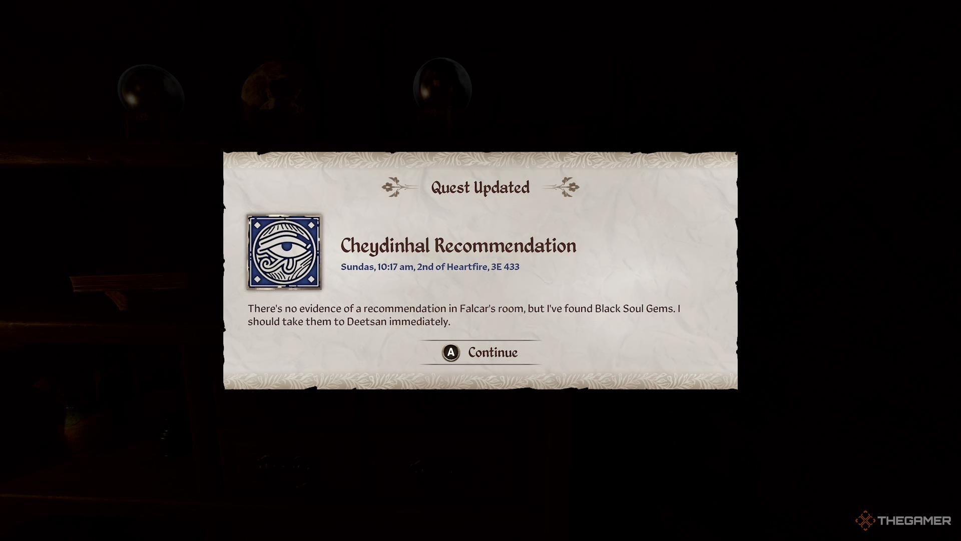 A quest update for the Cheydinhal Recommendation in Oblivion Remastered.