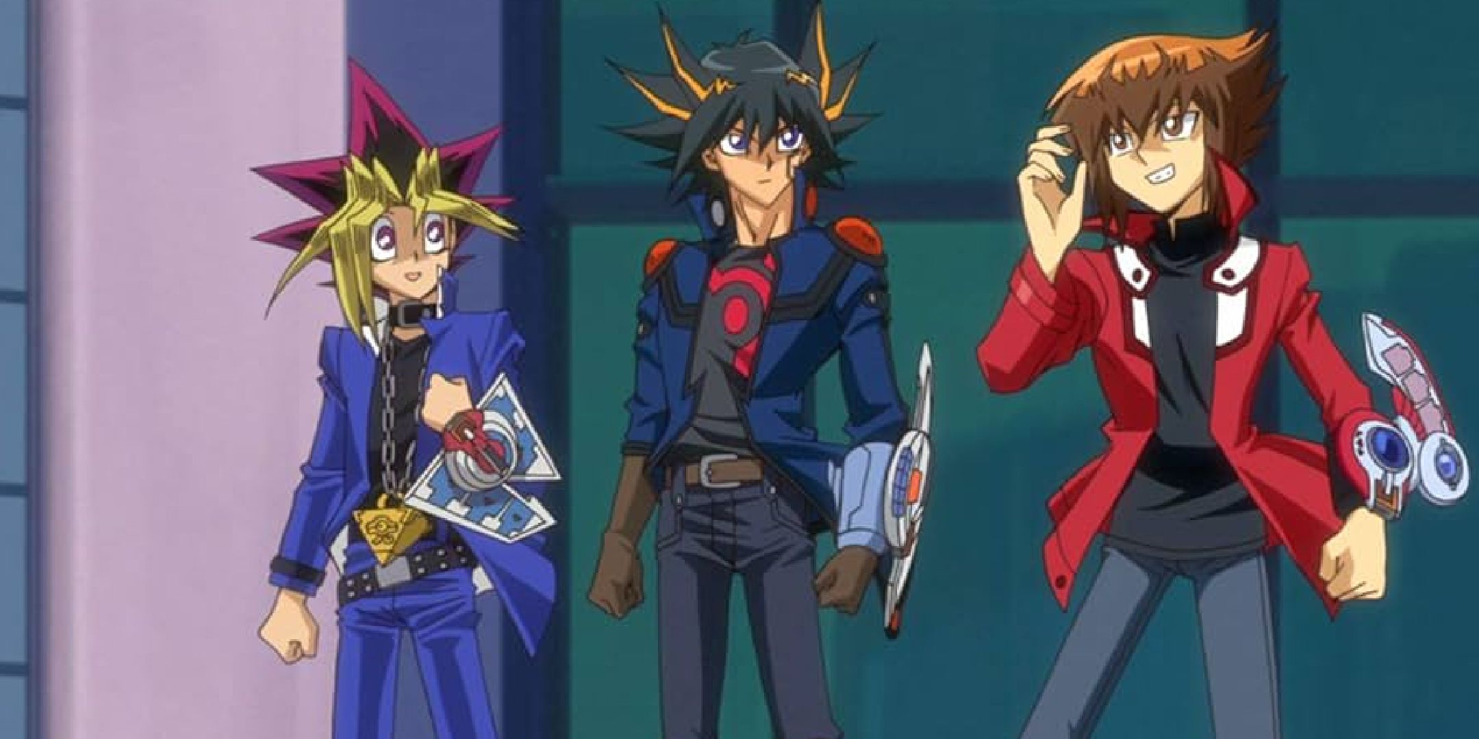 A screenshot from Yu-Gi-Oh Bonds Beyond Time showing the three main characters standing together.