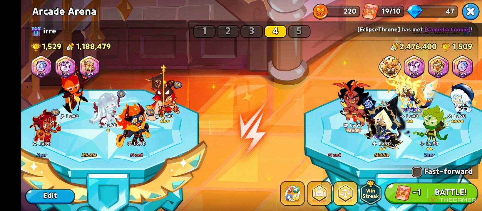 A screenshot of Cookie Run Kingdom's arena showing Fire Spirit Cookie's best teams.