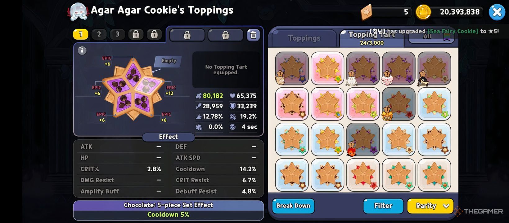 A screenshot of Cookie Run Kingdom showing Agar Agar Cookie's best Toppings.