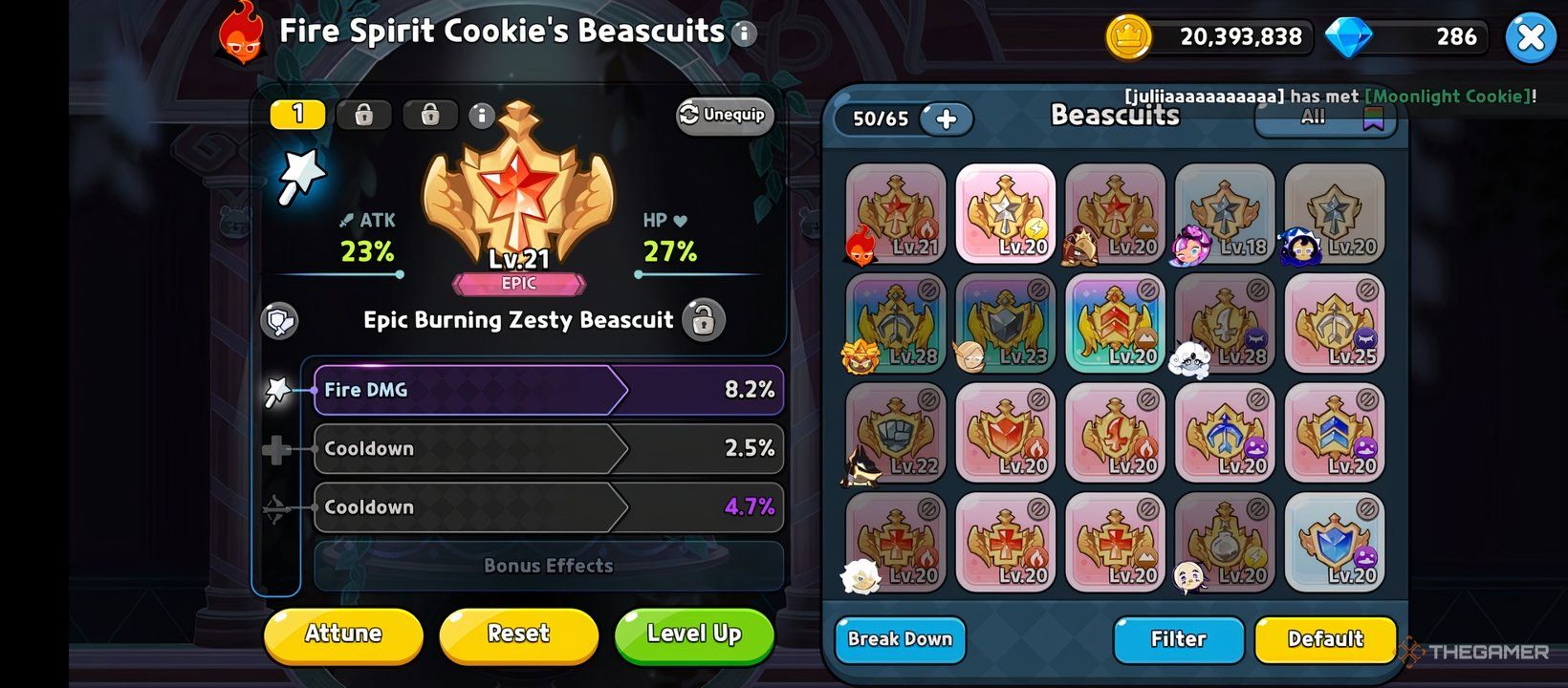 A screenshot of Cookie Run Kingdom showing Fire Spirit Cookie's best Beascuit.