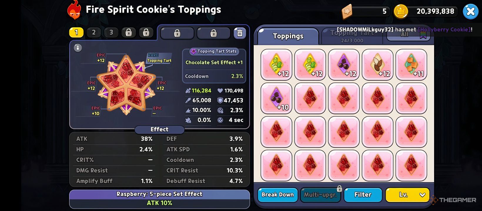 A screenshot of Cookie Run Kingdom showing Fire Spirit Cookie's Toppings.
