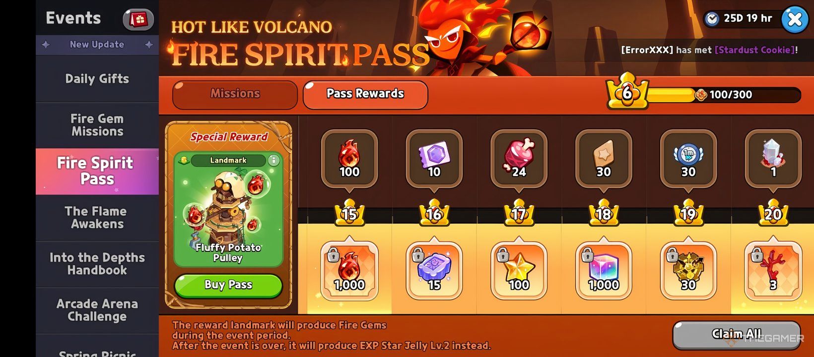 A screenshot of Cookie Run Kingdom showing how to get Fire Spirit Cookie from Fire Gems from the Fire Spirit Pass.