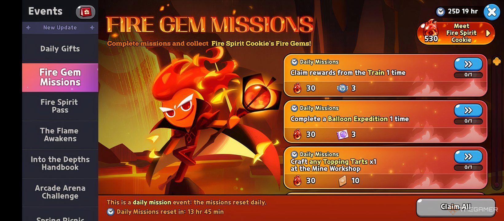 A screenshot of Cookie Run Kingdom showing how to get Fire Spirit Cookie from Fire Gems gained from Daily Missions.
