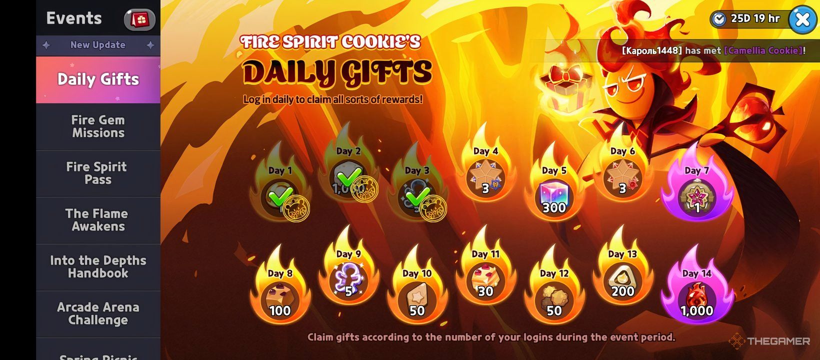 A screenshot of Cookie Run Kingdom showing how to get Fire Spirit Cookie from his Daily Gifts page.