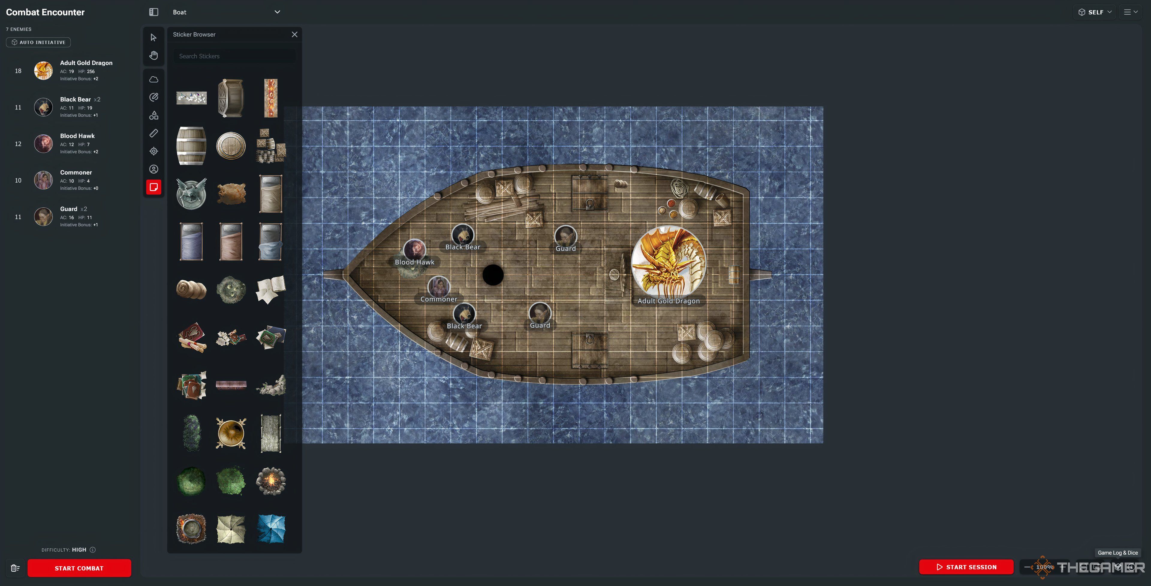 A ship on the ocean with several NPCS on board in D&D Beyond's Maps.
