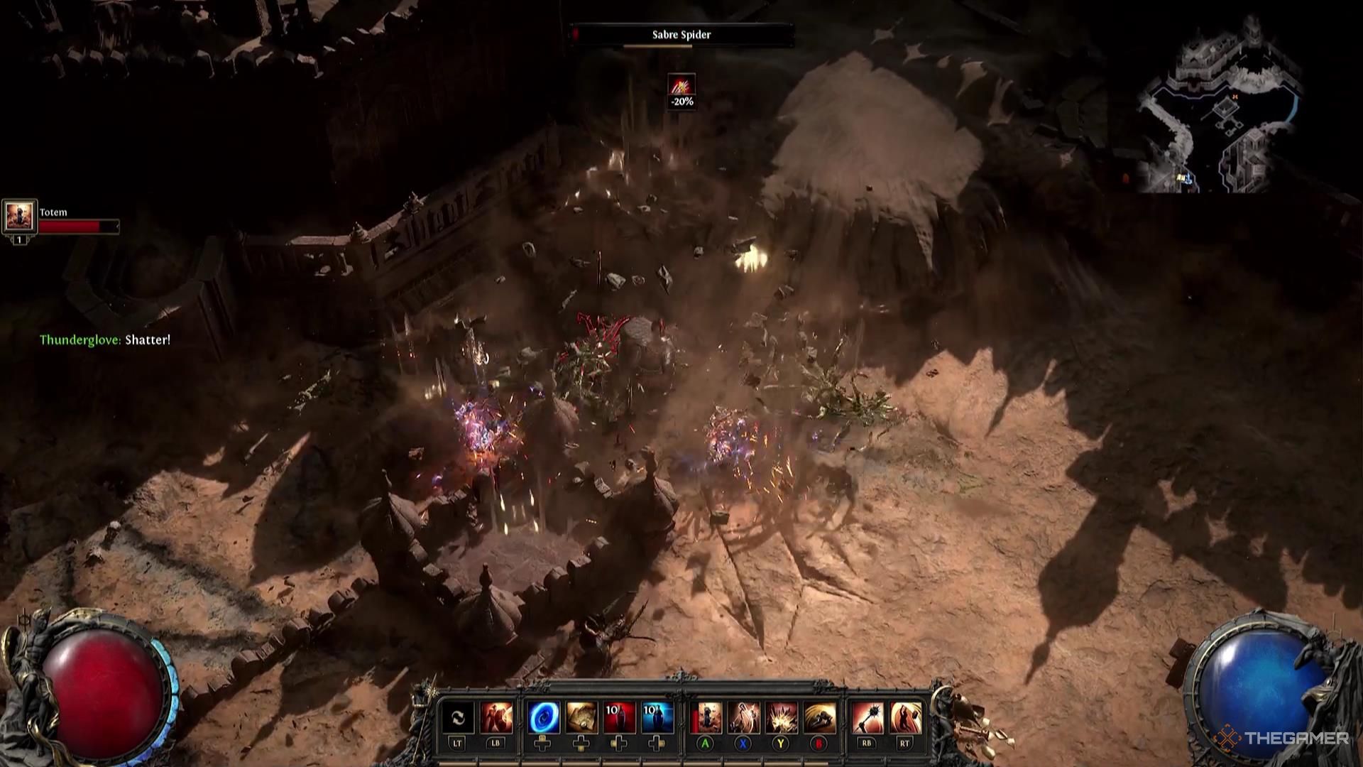 Тотем Волны Сотрясения уничтожает группу гигантских пауков в Path of Exile 2.