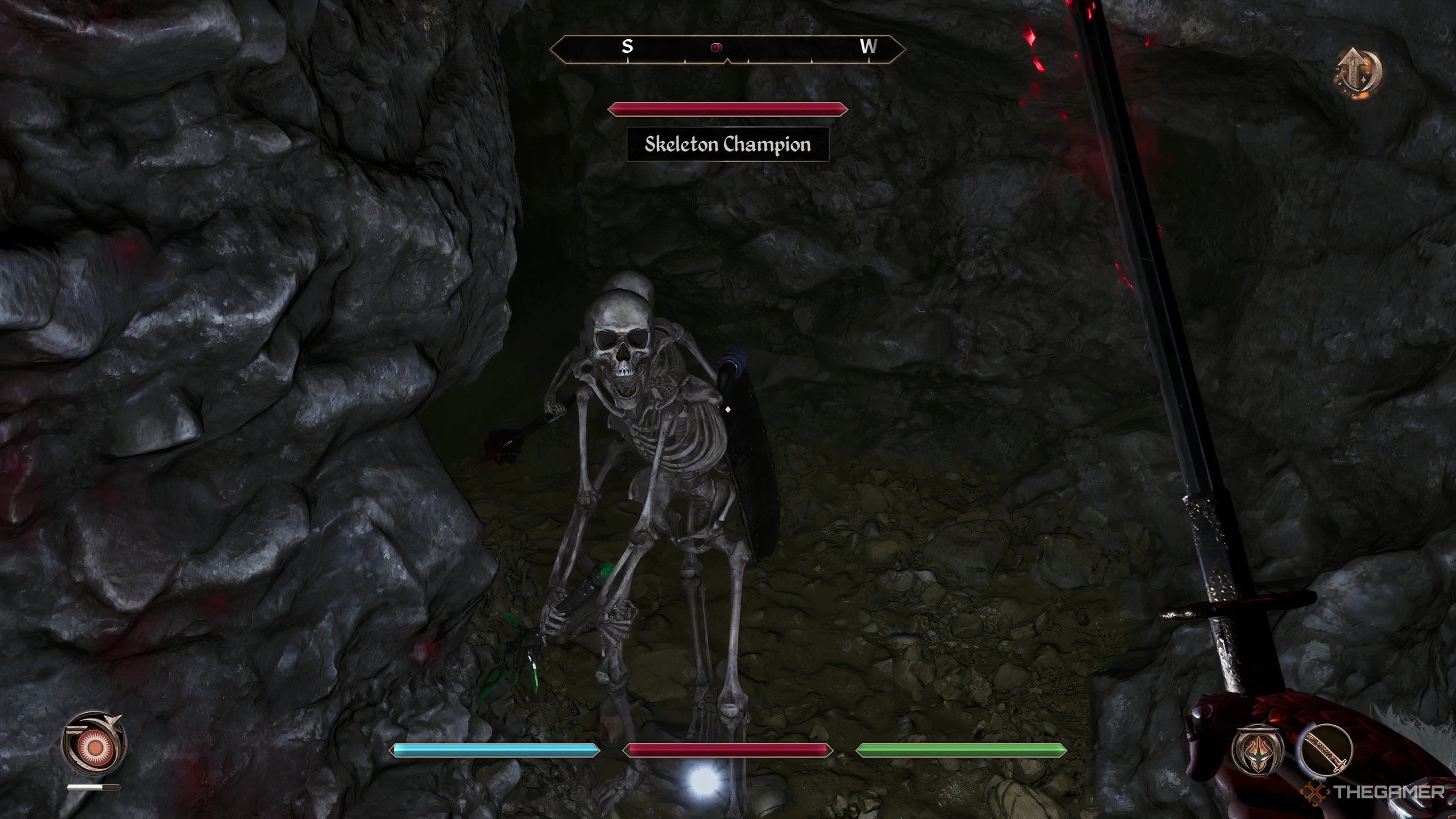 A Skeleton Champion attacking the player in the Howling Cave in Oblivion Remastered.