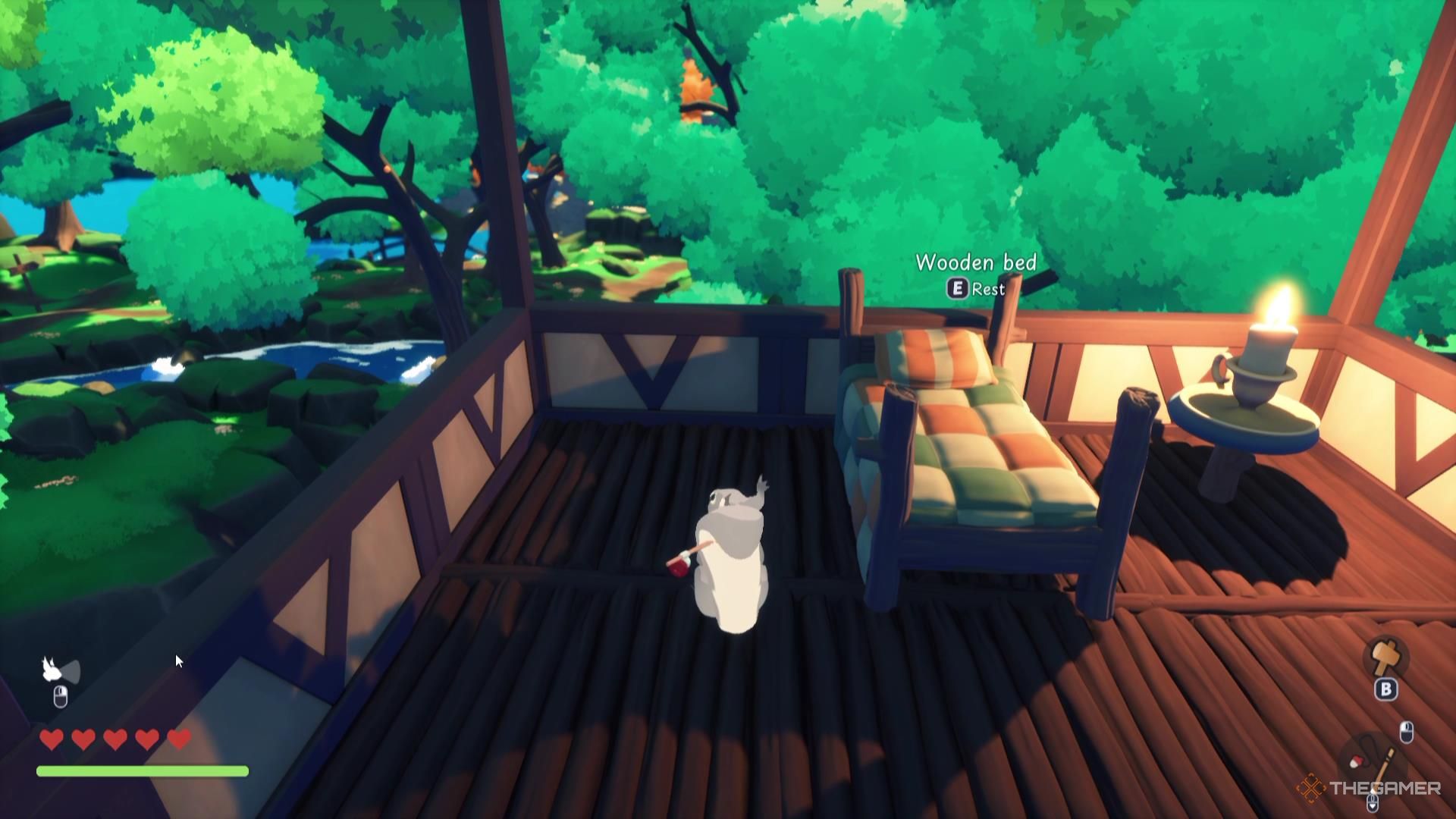 A squirrel stands next to a bed in Squirreled Away.