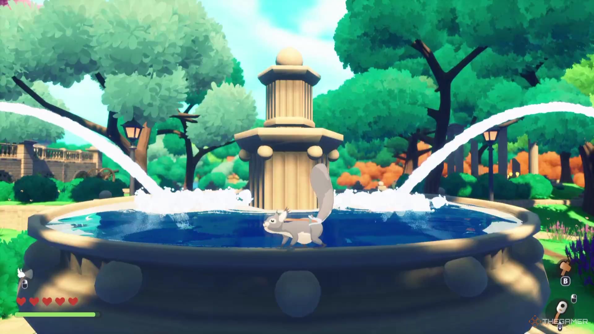 A squirrel stands on a fountain in Squirreled Away.