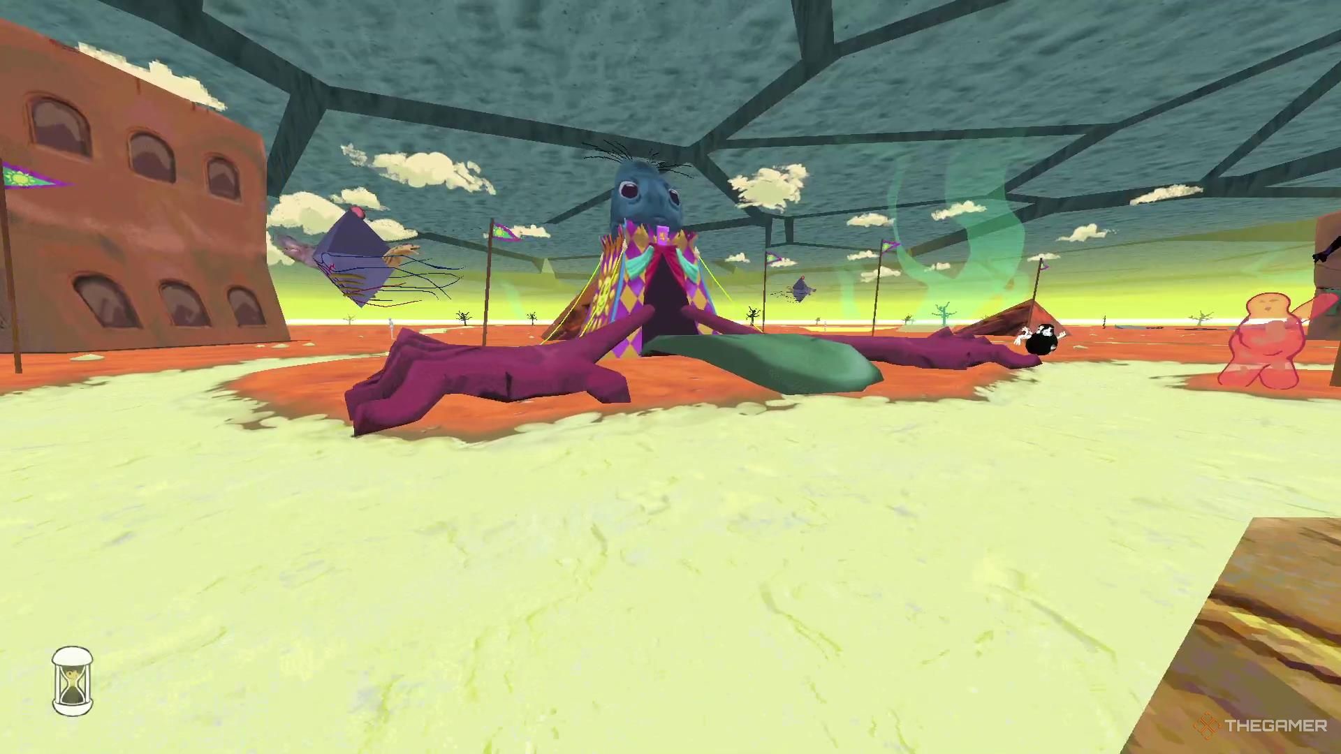 A strange tent with a face, arms, and a giant togue that is entirely separate from the face beckons us into it in Ena Dream BBQ.