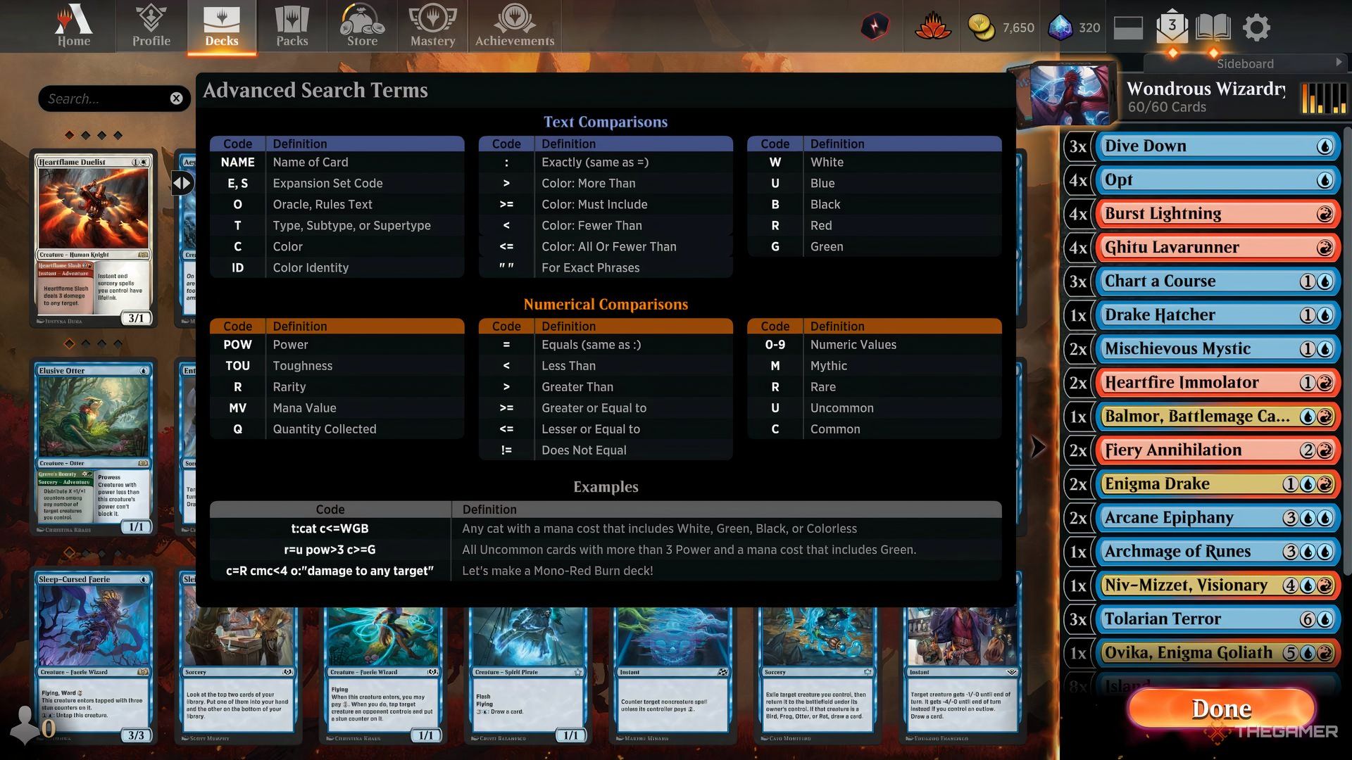 Arena's advanced search function being shown.