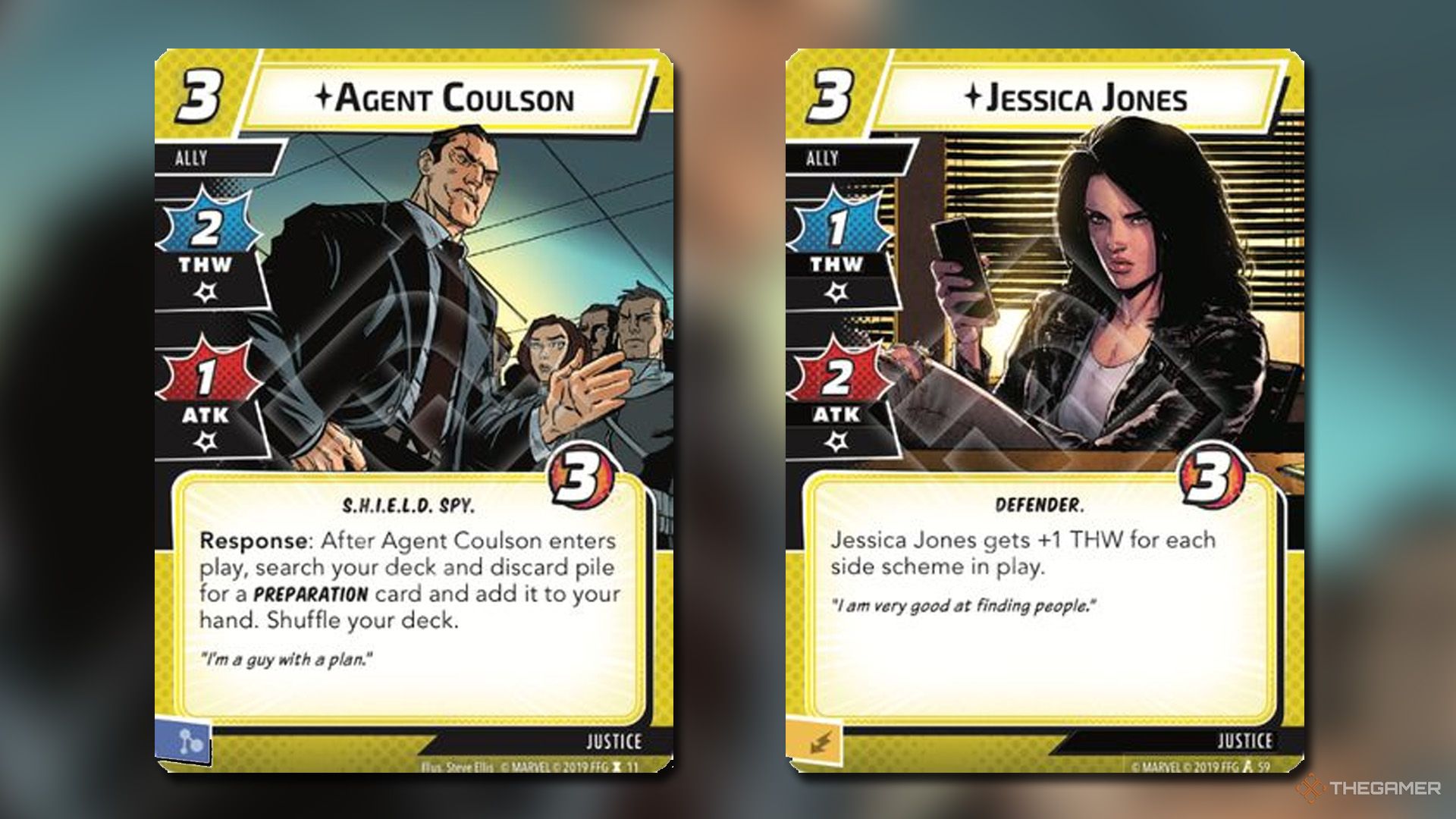 Agent Coulson and Jessica Jones cards from Marvel Champions.