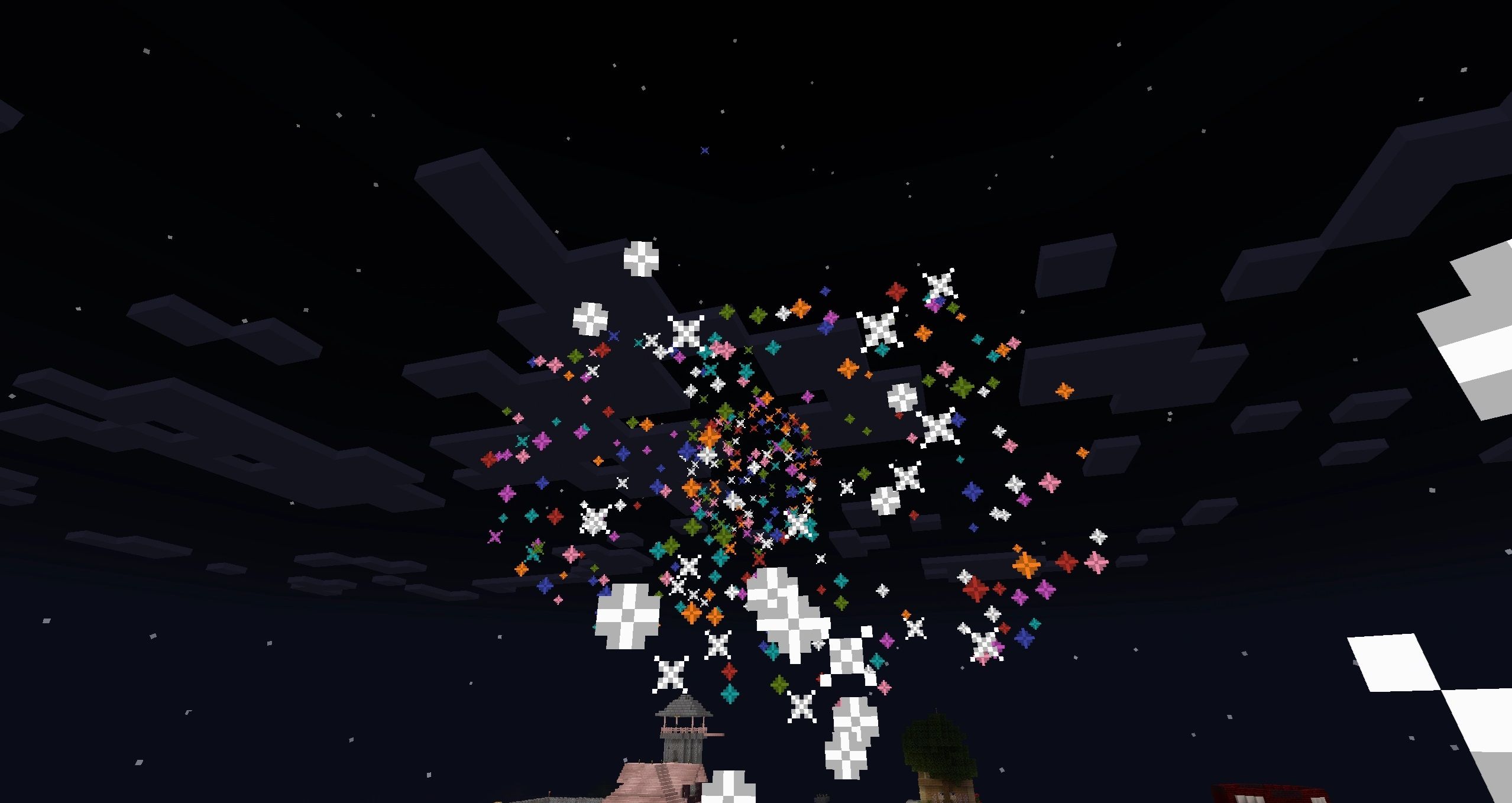 A multiclored explosion in the night sky in Minecraft.