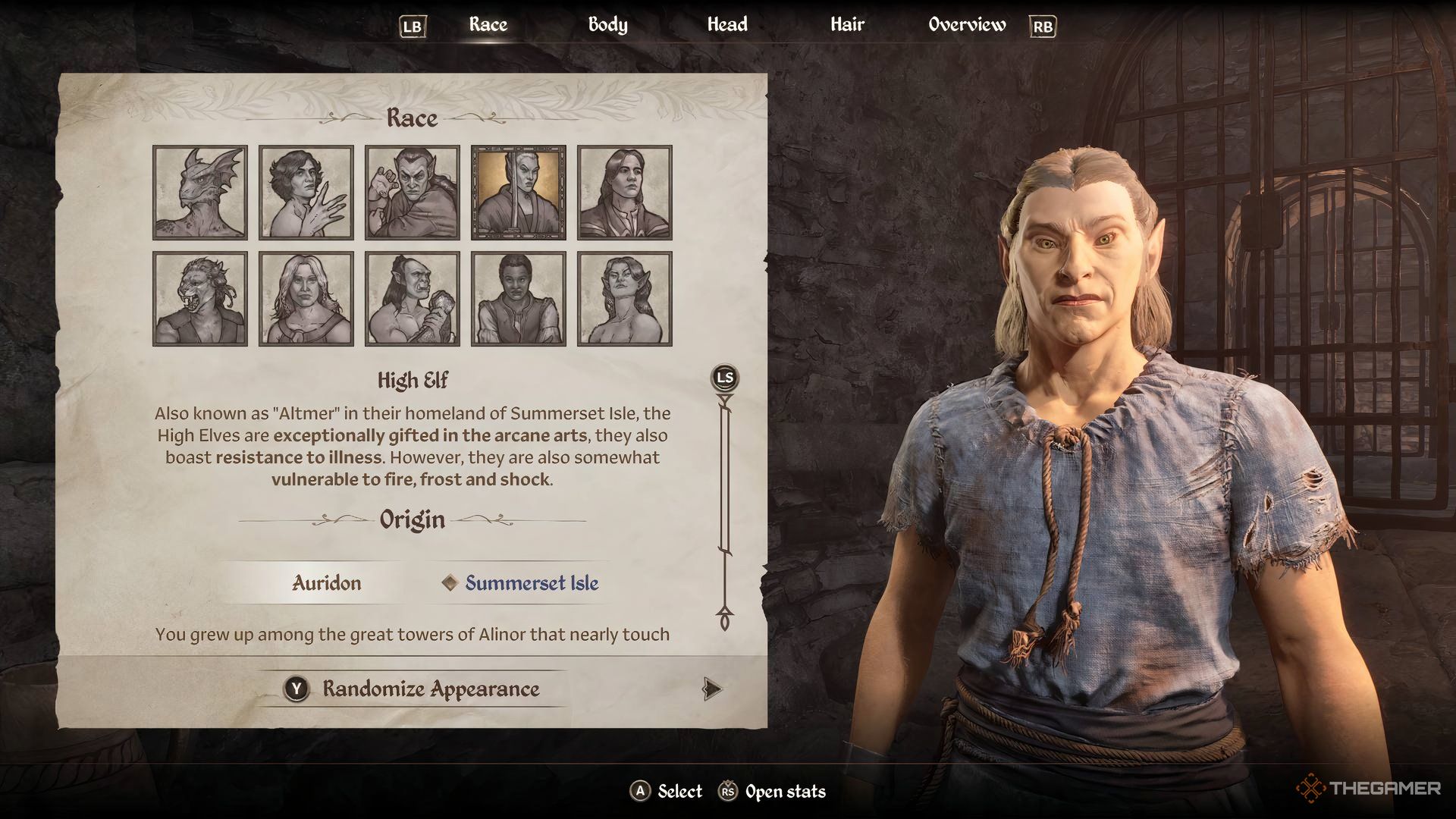 An image of the character creation screen from the Elder Scrolls IV: Oblivion Remastered showing a high elf..