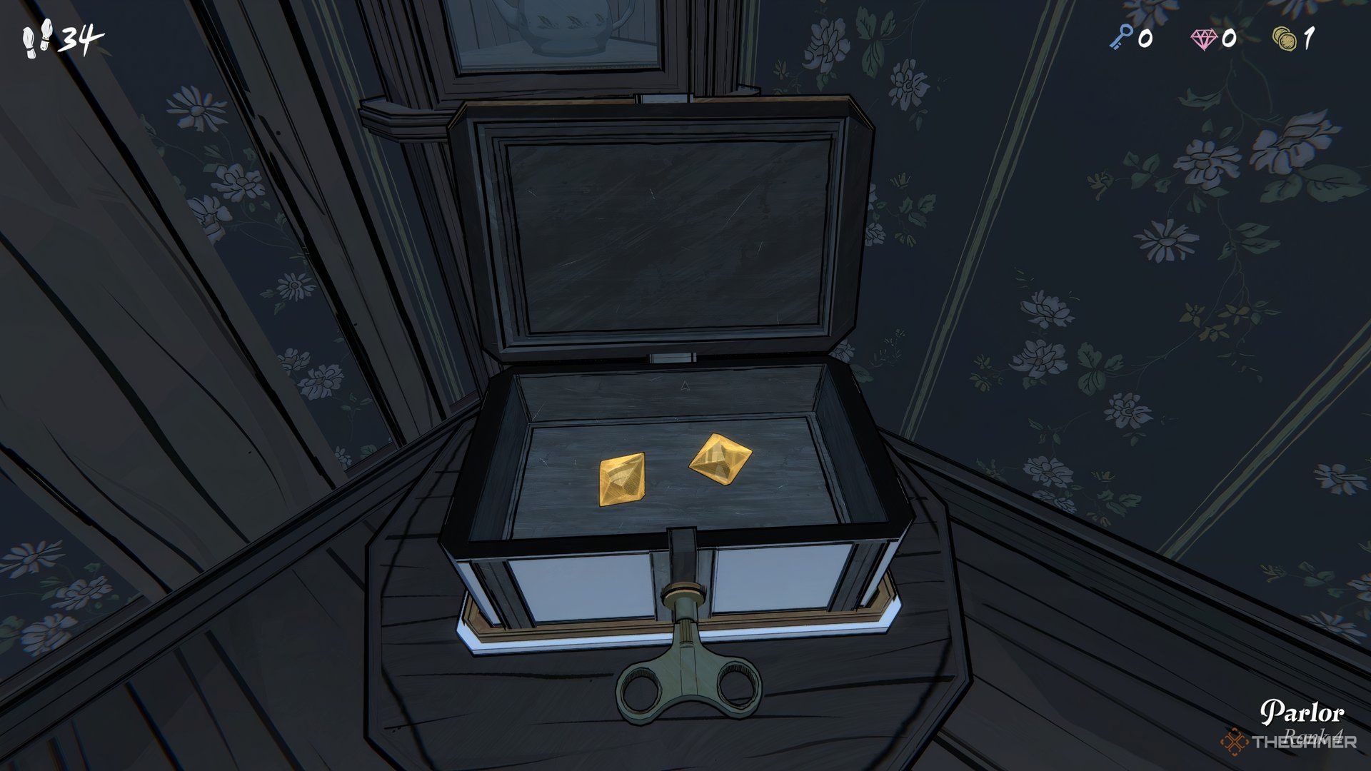 An open box with gems inside in Blue Prince.
