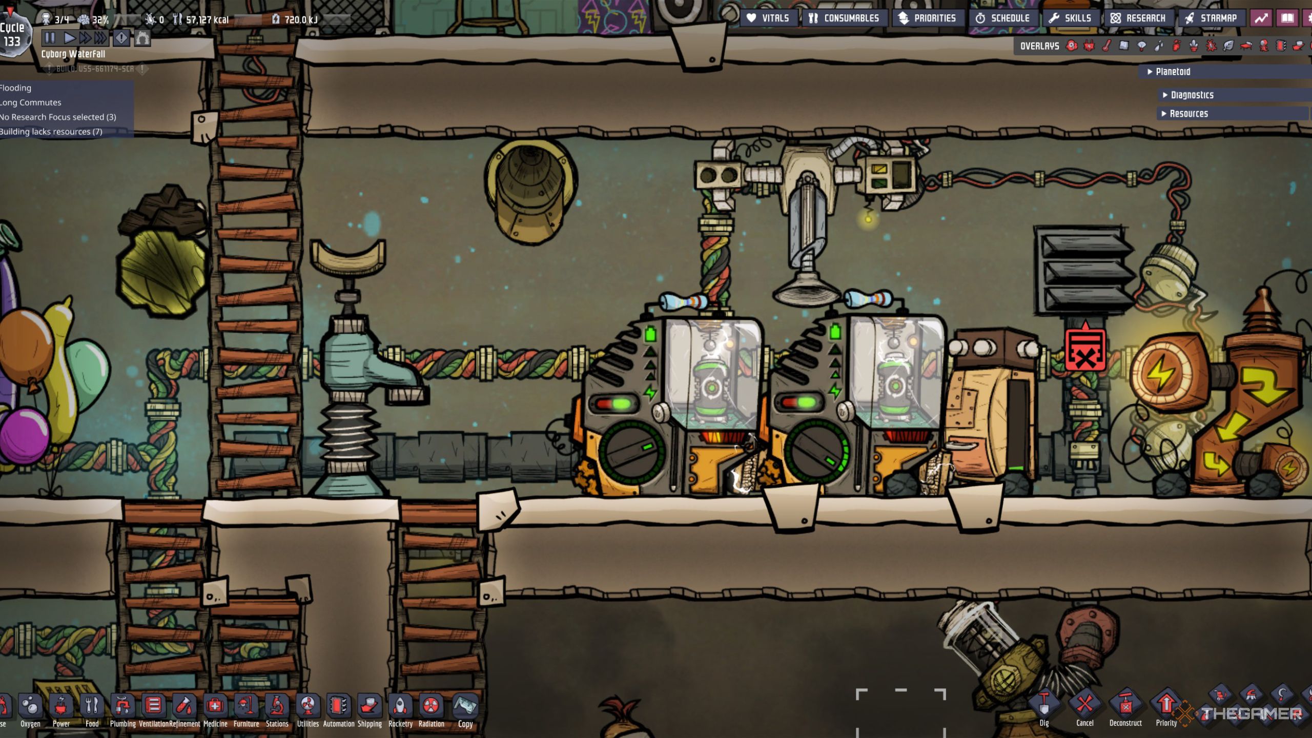 An Oxygen Not Included screenshot of a battery charging station under a sweeper.