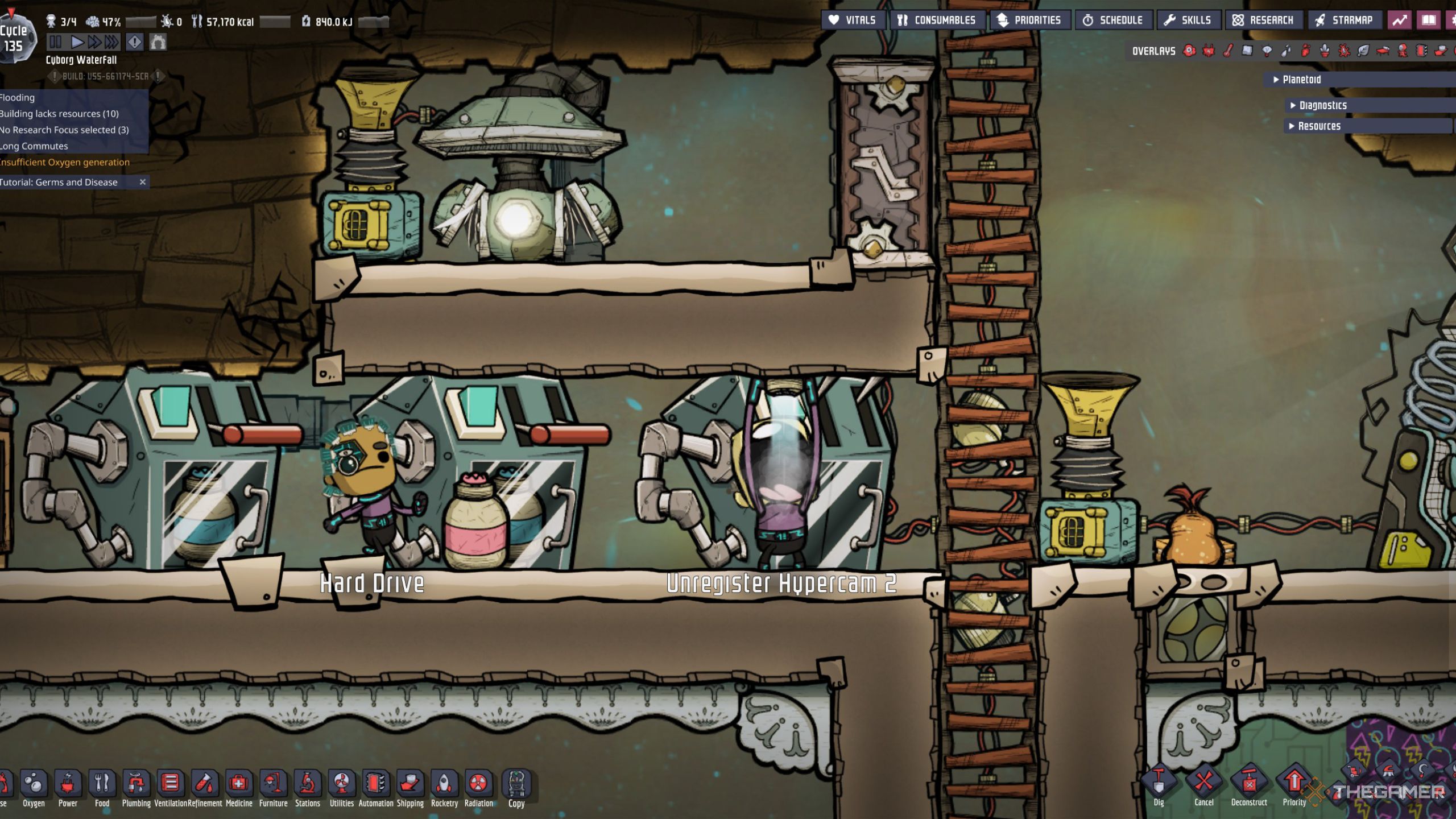 An Oxygen Not Included screenshot of a bionic duplicant drinking down an oxygen tank.