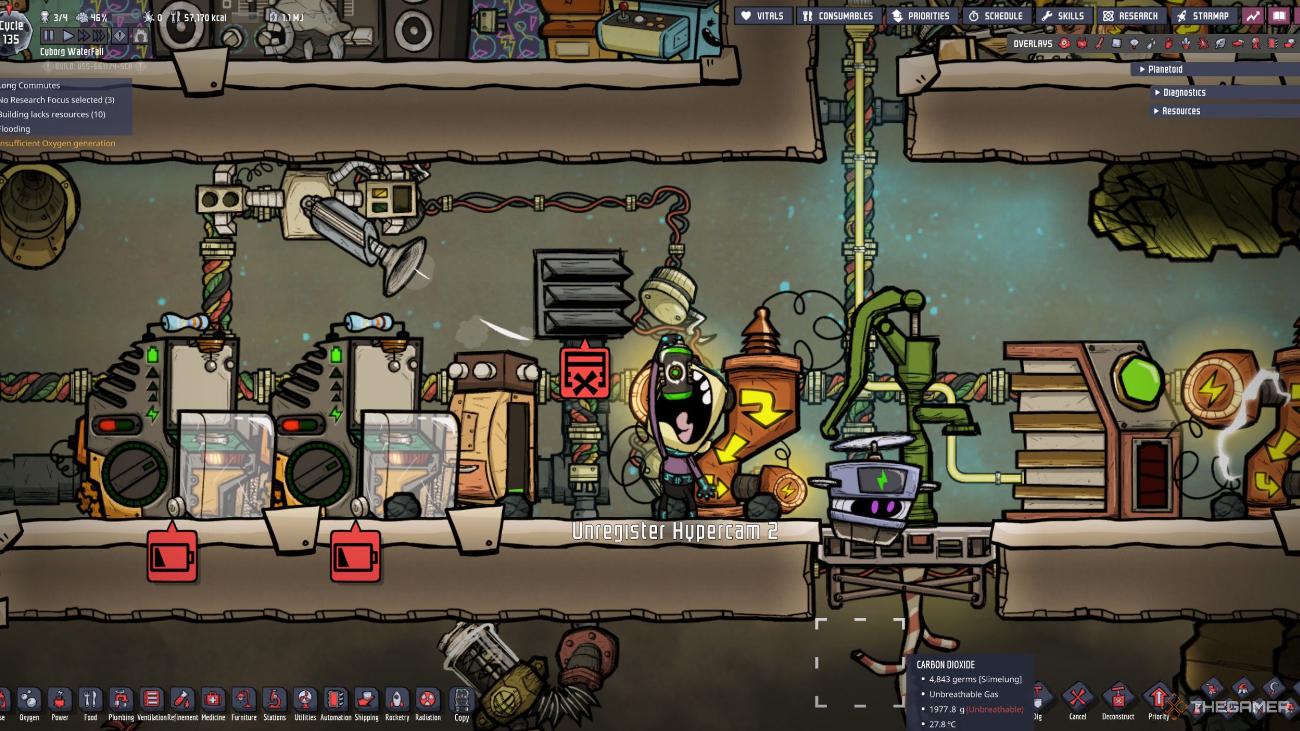 An Oxygen Not Included screenshot of a bionic duplicant eating a rechargable battery.