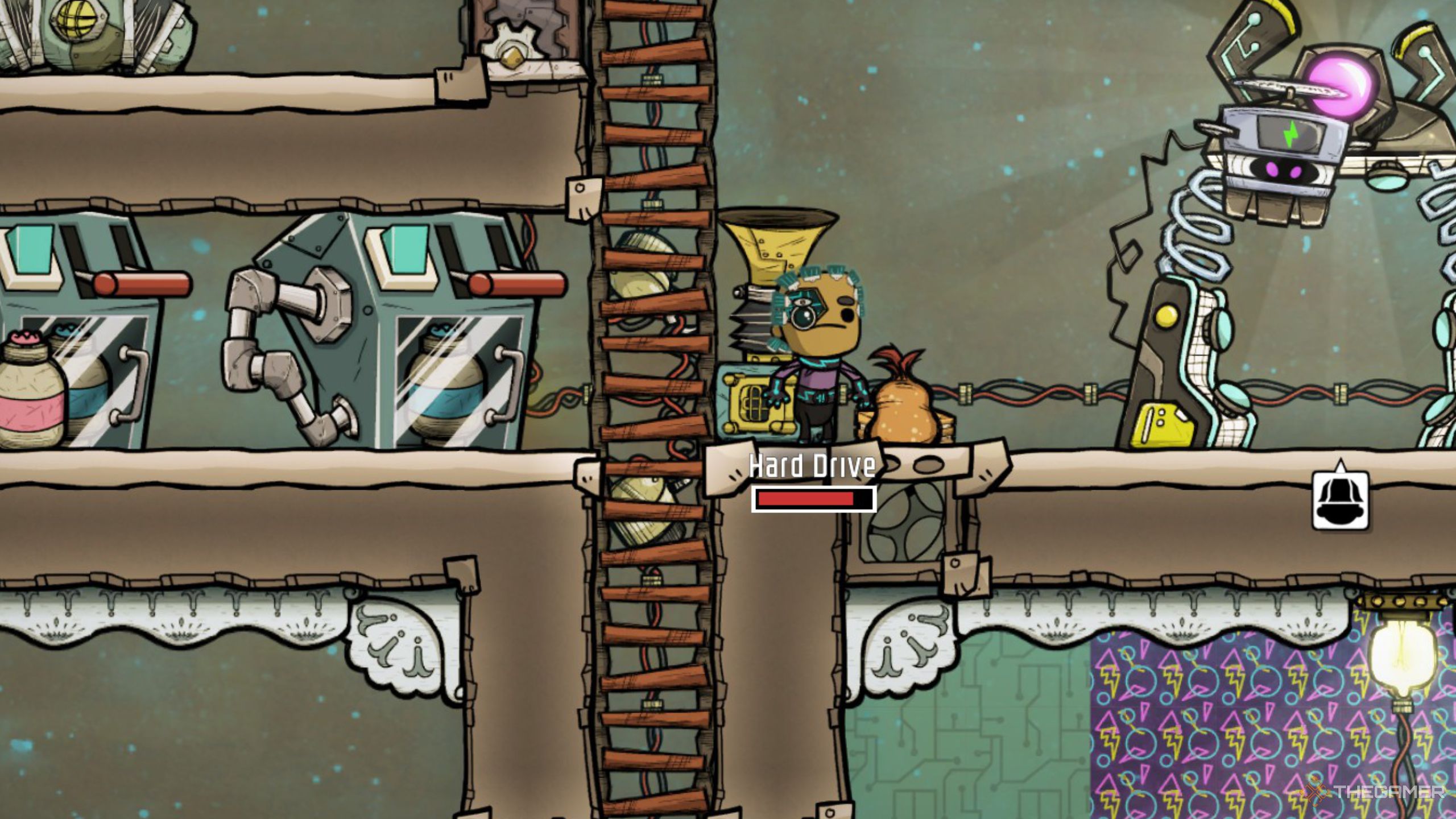 An Oxygen Not Included screenshot of a bionic duplicant standing still in a colony.