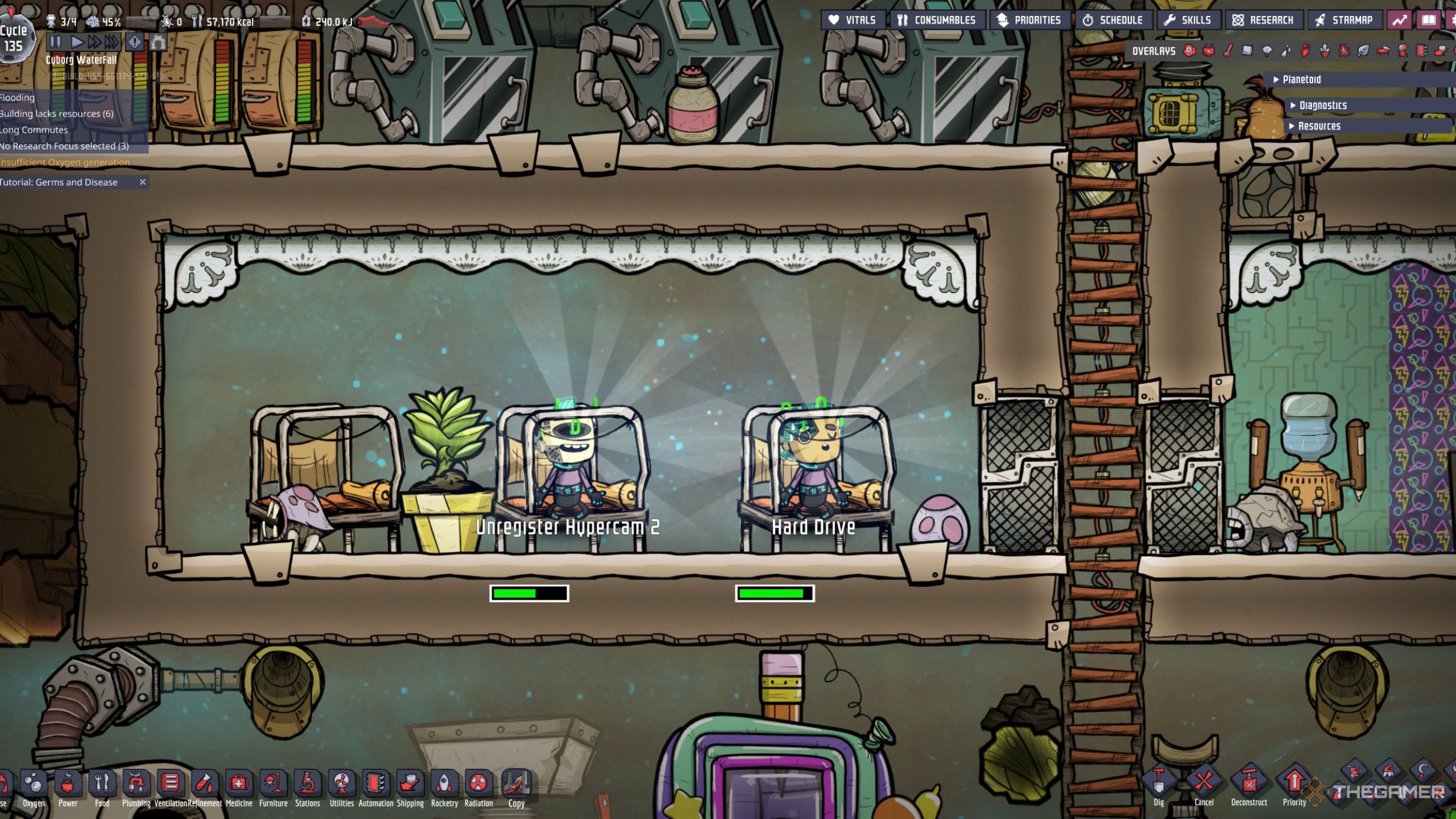 An Oxygen Not Included screenshot of two bionic duplicants in their low power sleep mode.