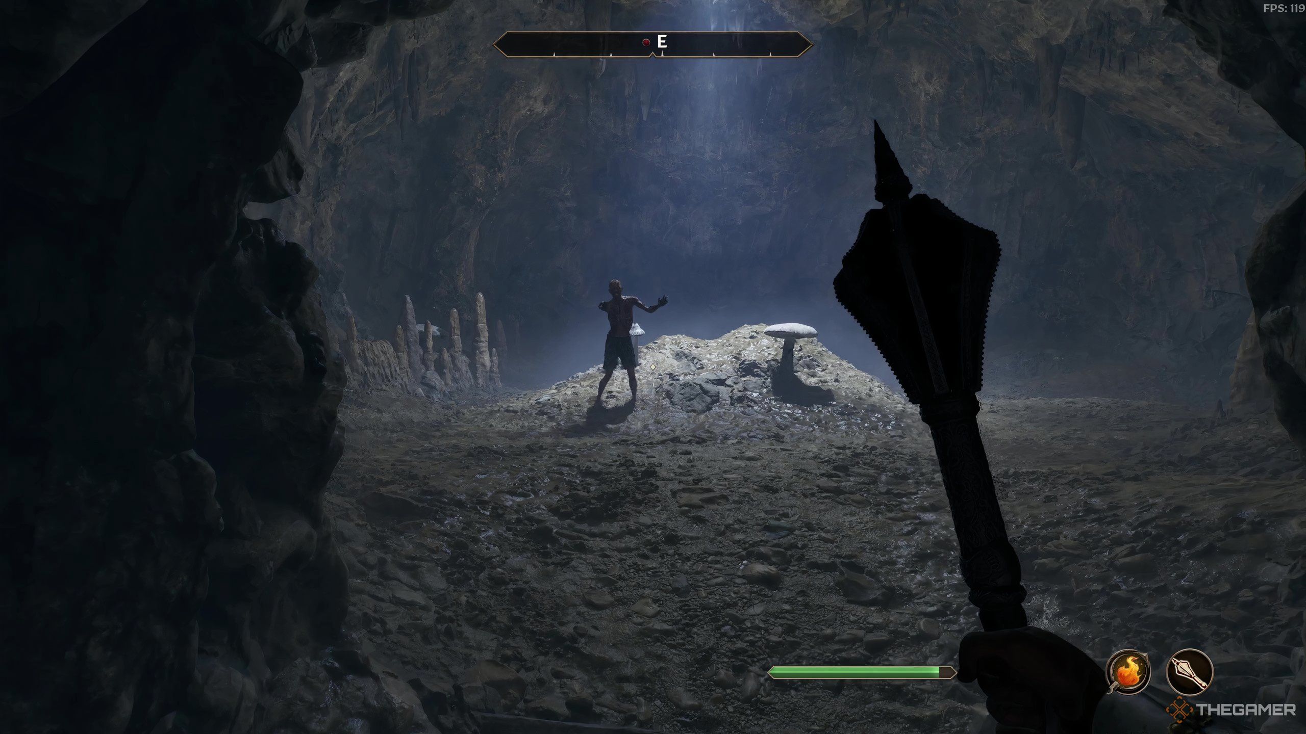 An room in Bleak Flats Cave with a zombie in Oblivion Remastered.